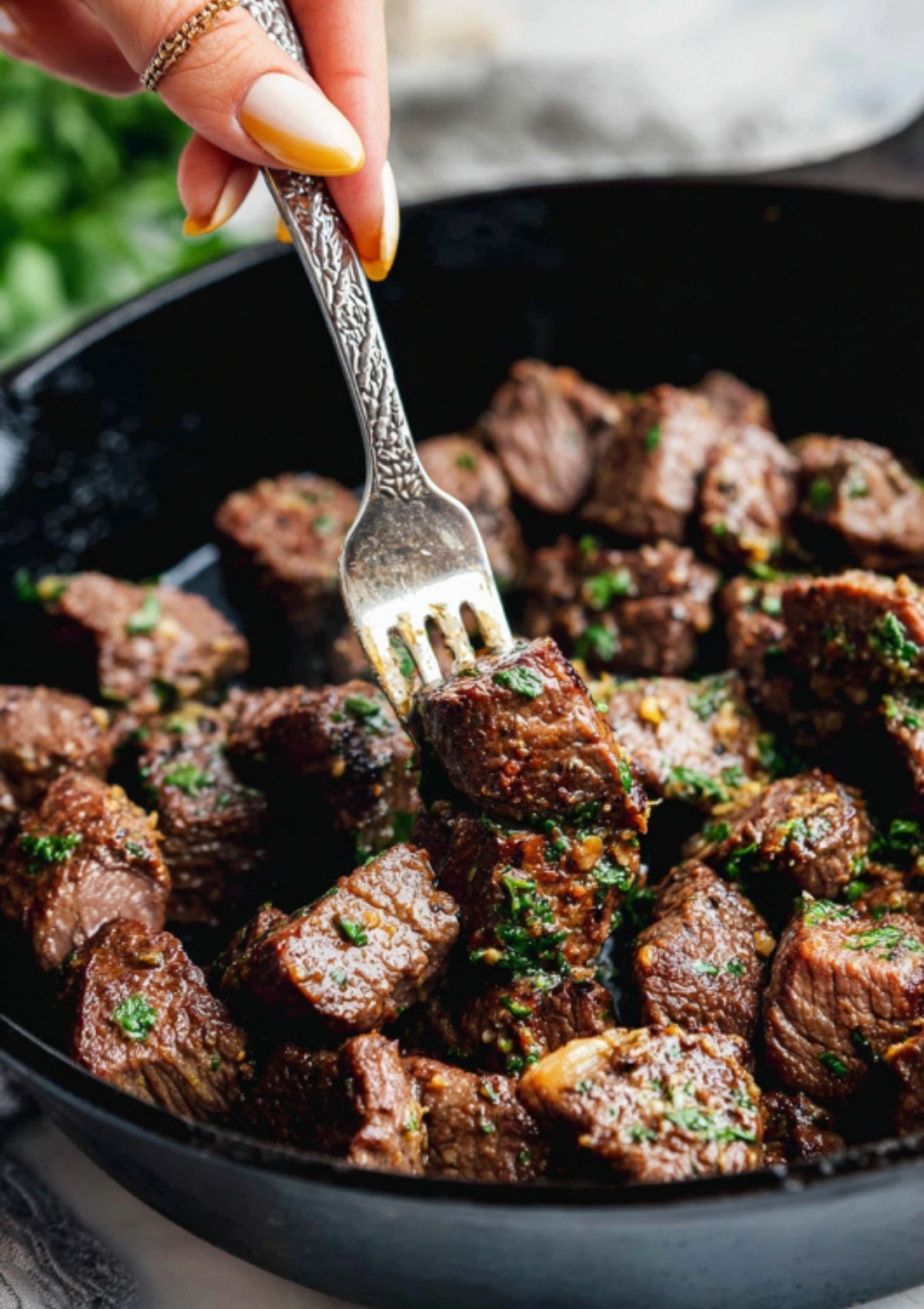 Steak bites in a pan with chopped garlic and parsley being mixed for added aroma and freshness.