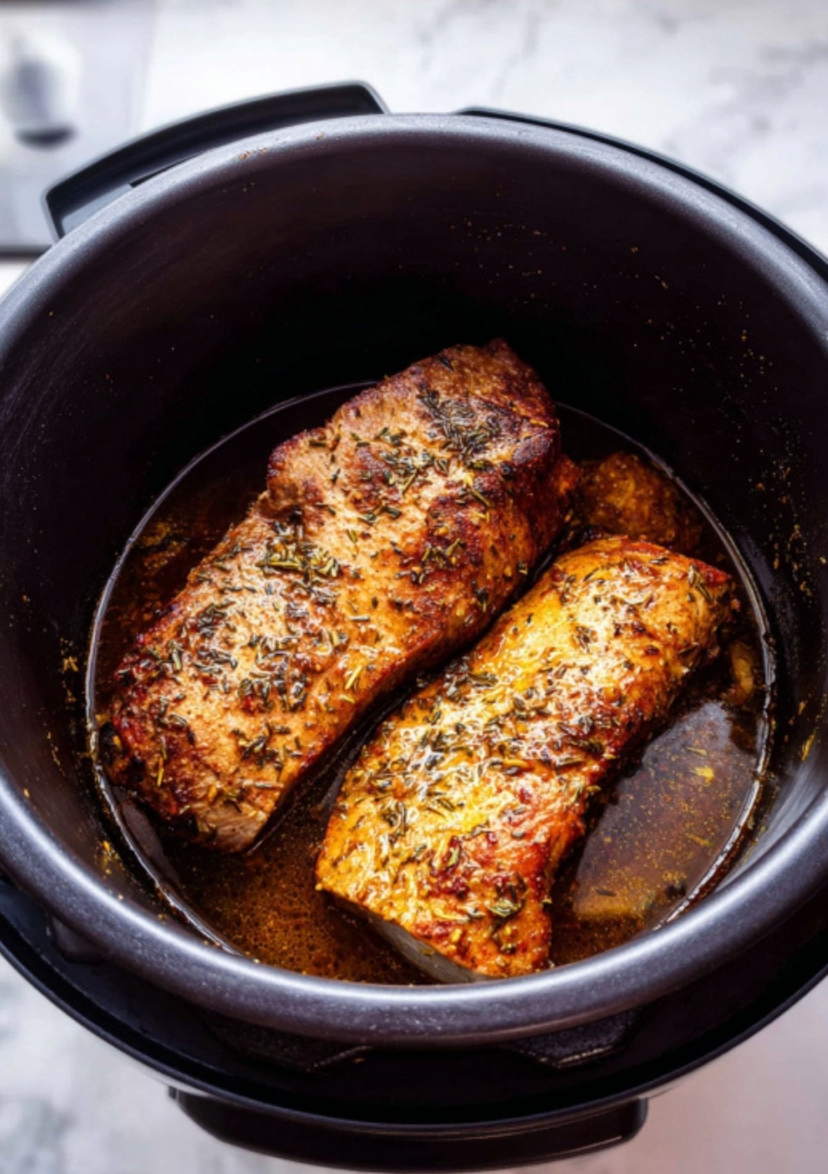 Golden maple Dijon gravy simmering in a saucepan with a wooden spoon after pressure cooking the pork.