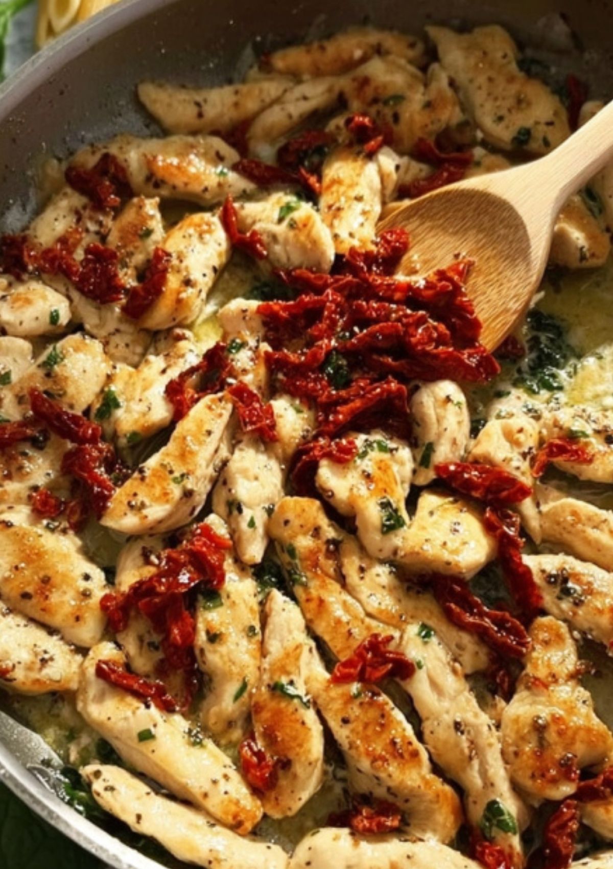 Chicken simmering in creamy parmesan sauce with sun-dried tomatoes and herbs in a pan.