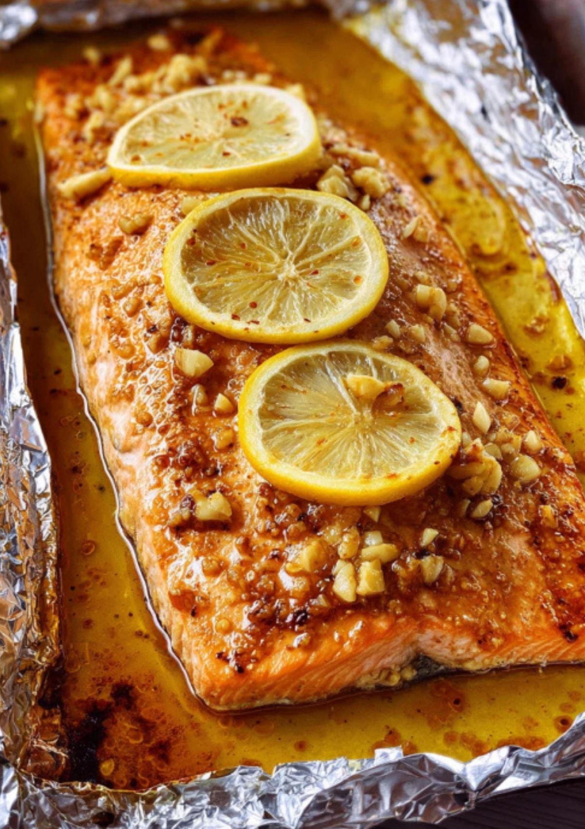 Fork flaking tender lemon garlic salmon topped with fresh herbs and lemon slices in a buttery sauce.