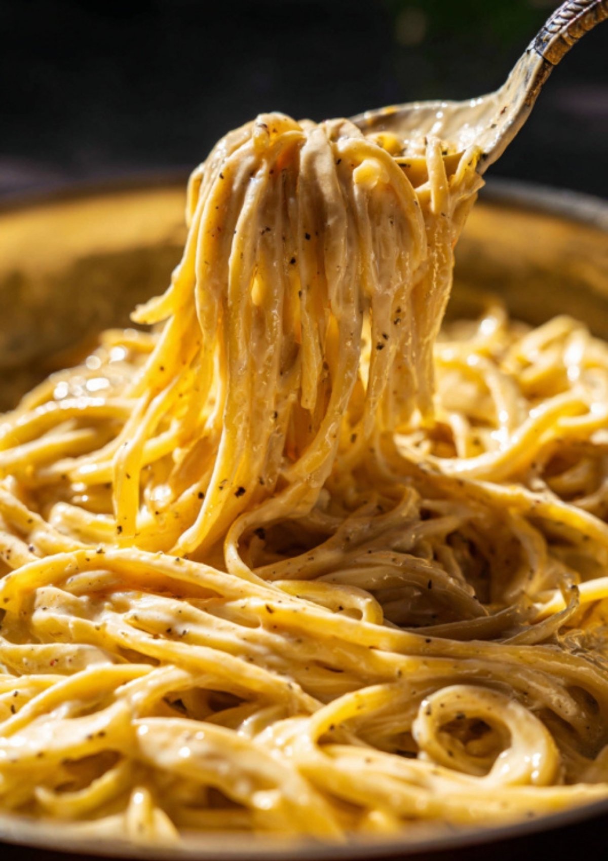 Fettuccine being twirled in creamy Alfredo sauce with black pepper and cheese.