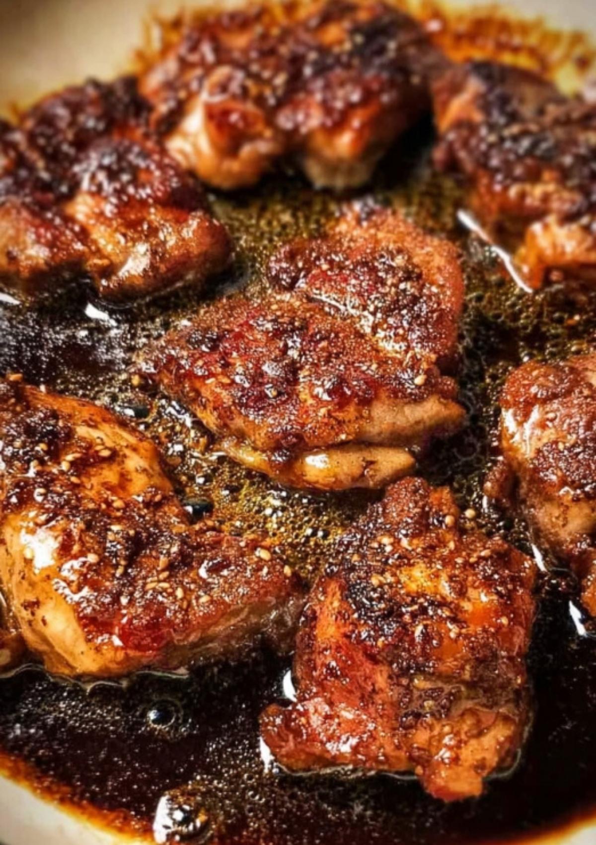 Juicy chicken pieces simmering in thick, glossy homemade teriyaki sauce in a pan.