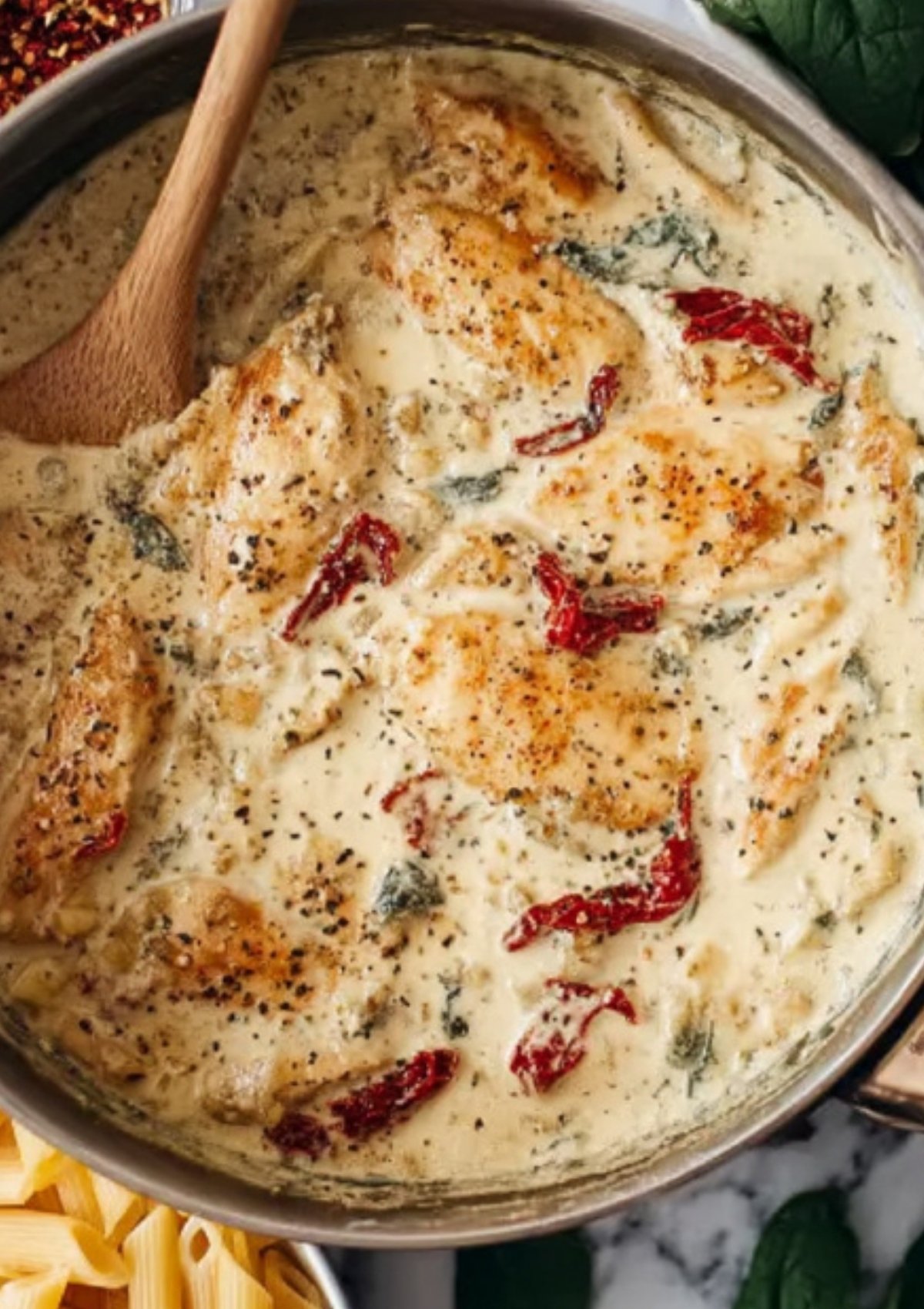 Penne pasta, spinach, and chicken mixed in creamy sauce in a skillet, ready to serve.