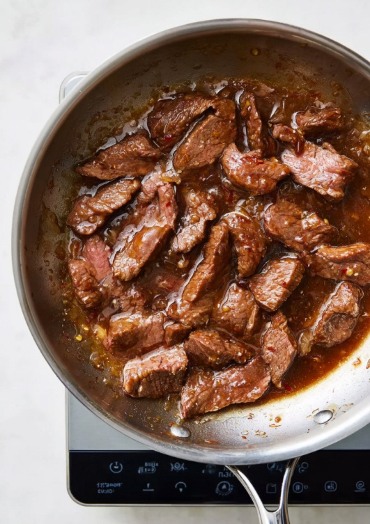 Thin beef slices cooking in a rich brown stir-fry sauce in a stainless-steel skillet.