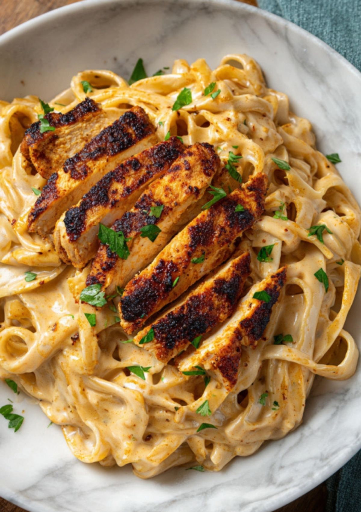 Bowl of Cajun chicken Alfredo with seared chicken slices over creamy pasta, garnished with parsley.