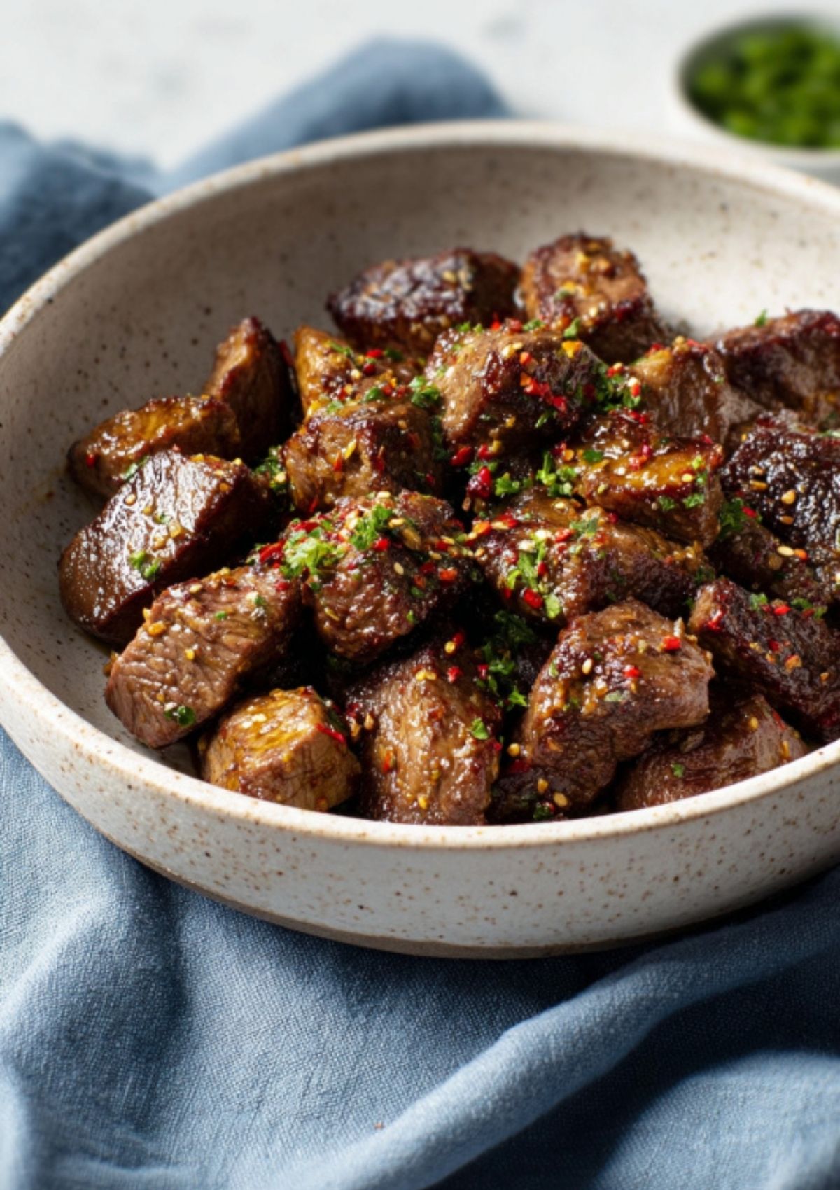Close-up of perfectly cooked steak bites coated in garlic butter and garnished with herbs in a black skillet.