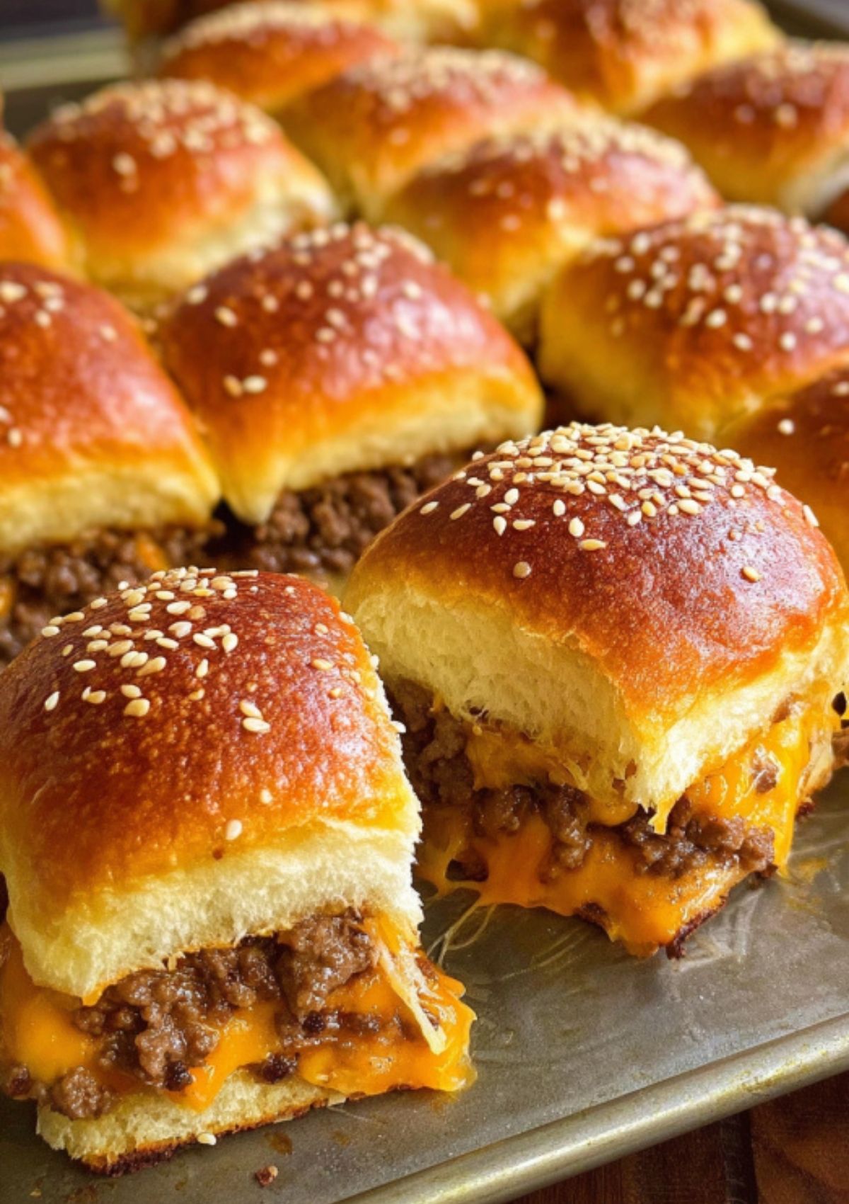 Close-up of freshly baked cheeseburger sliders with melted cheddar, juicy ground beef, and golden sesame seed buns on a baking tray.