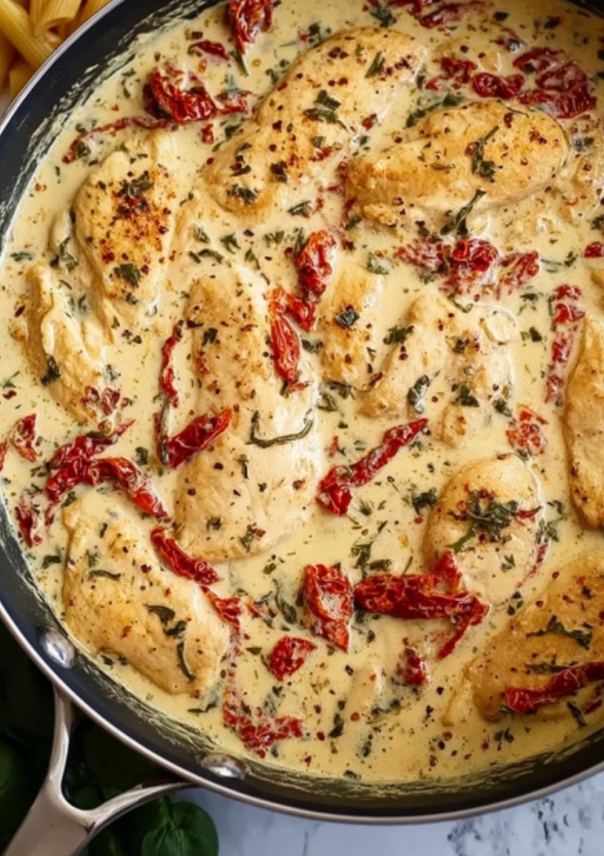 Skillet of chicken breasts simmering in creamy garlic sauce with sun-dried tomatoes and herbs for creamy chicken penne pasta.
