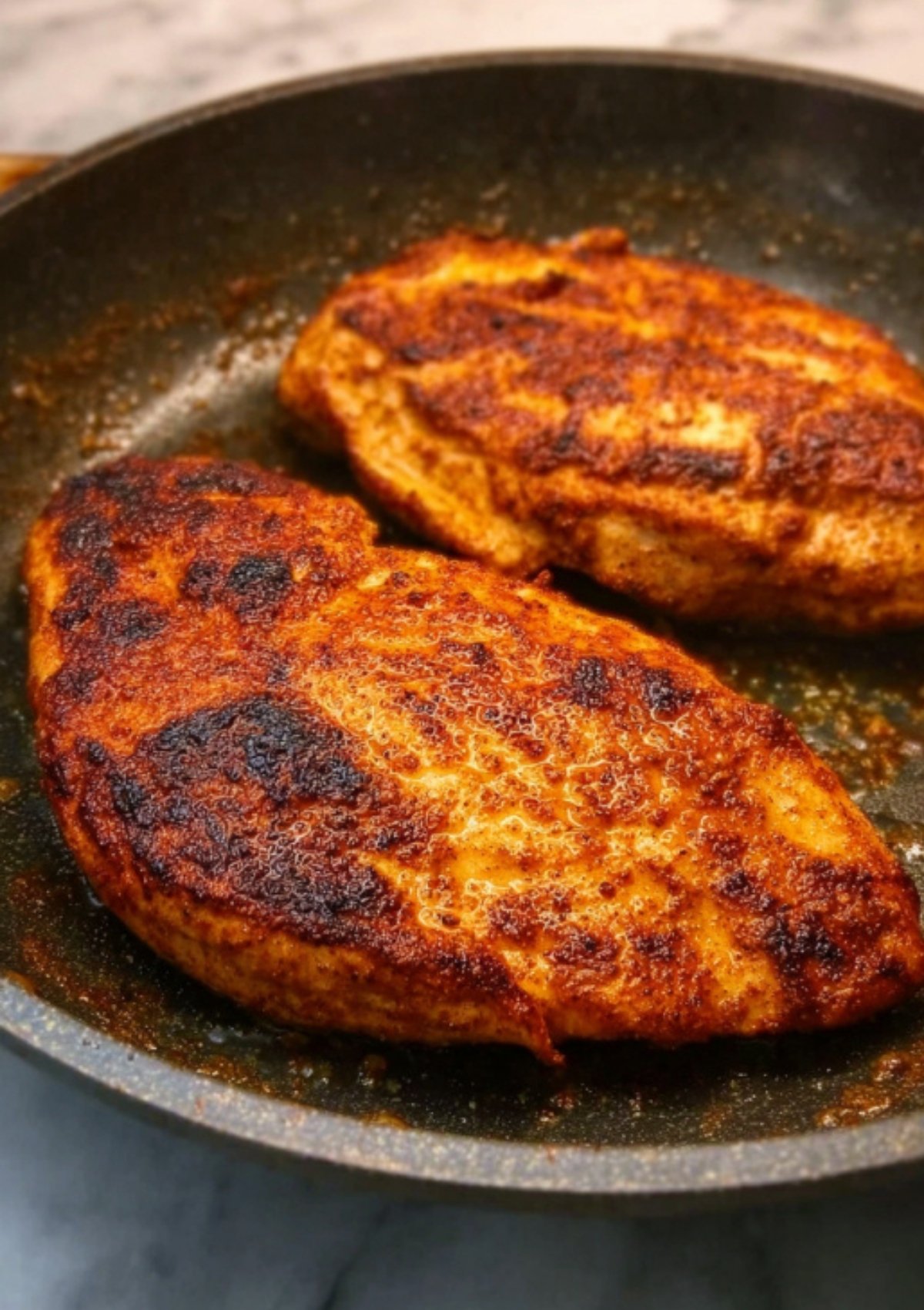 Two Cajun-seasoned chicken breasts sizzling in a skillet with golden brown crust.