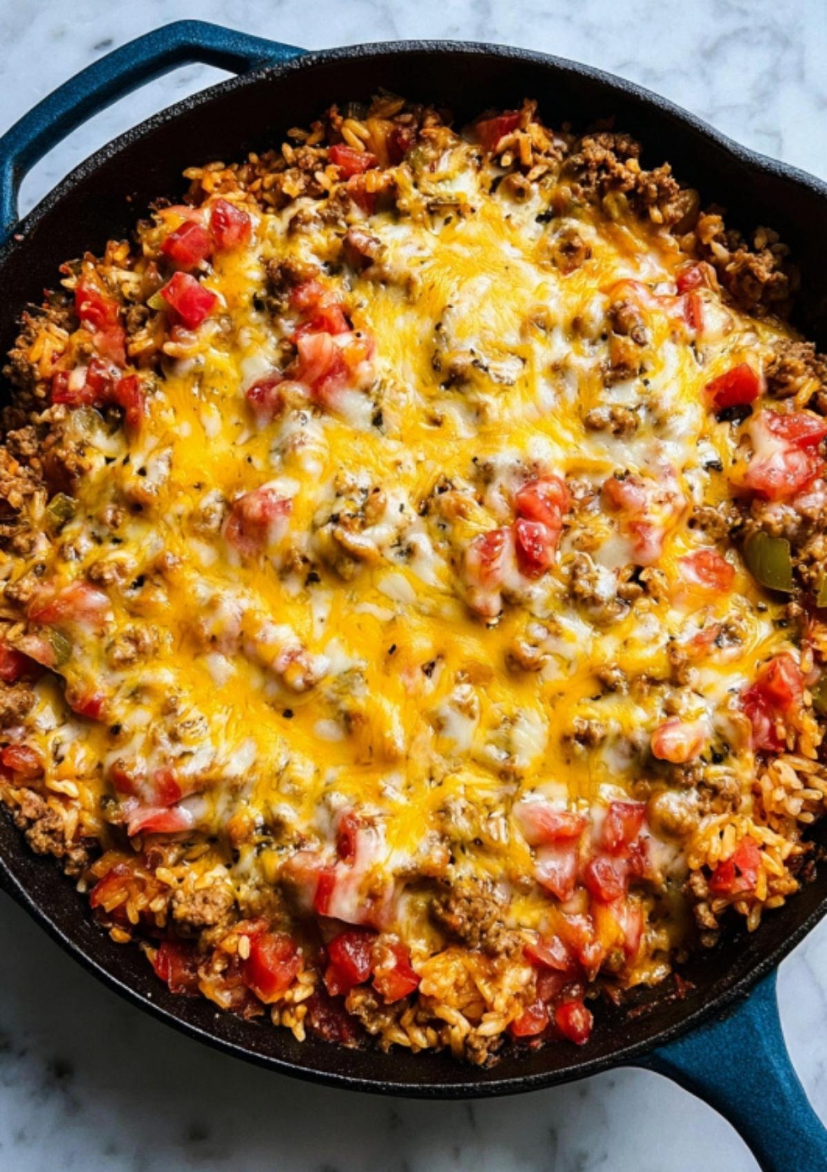 Finished turkey taco skillet with melted cheese, tomatoes, and golden topping, ready to serve hot from the skillet.