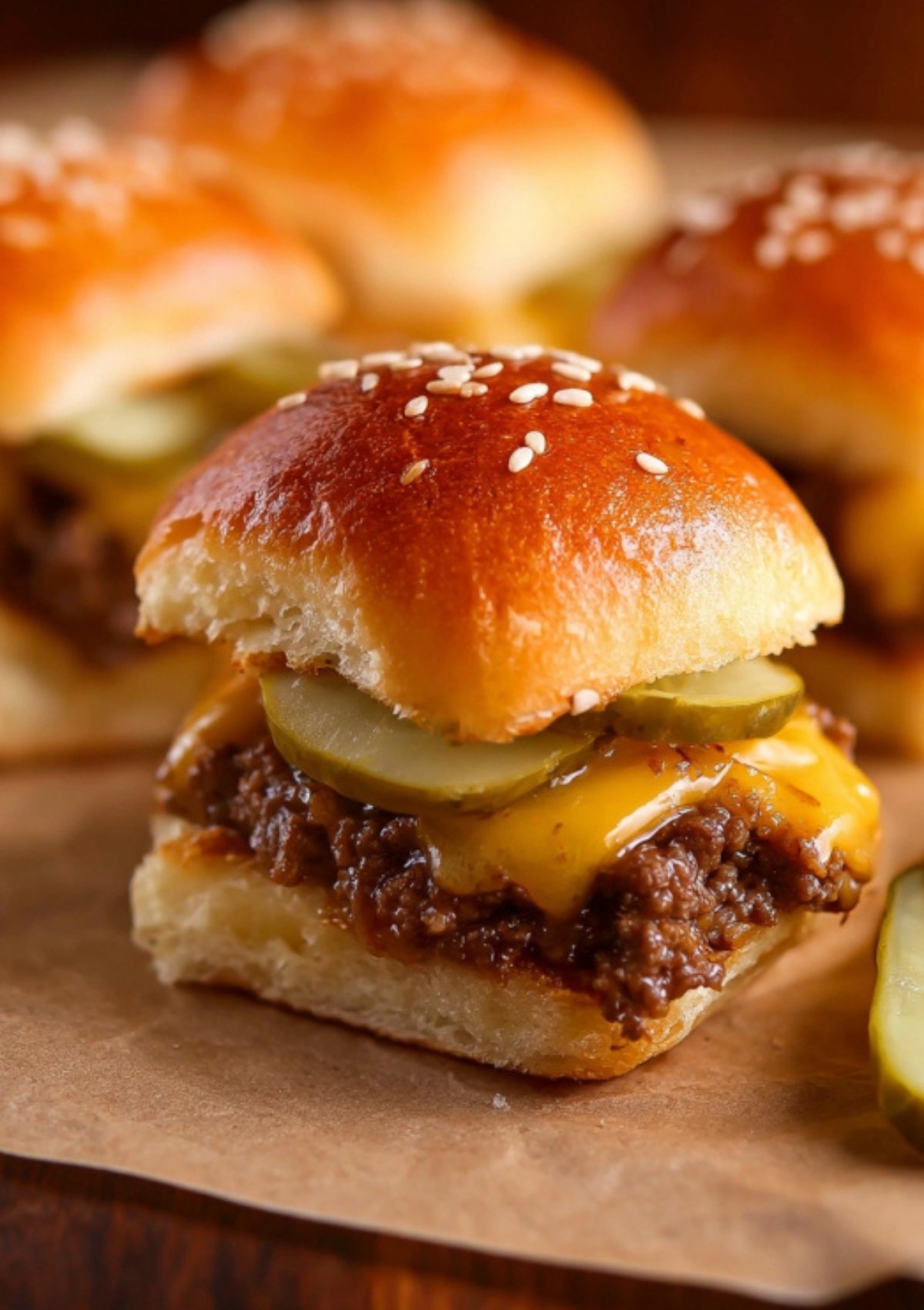 Close-up of a cheeseburger slider topped with melted cheddar, sliced pickles, and sesame seed buns on parchment paper.