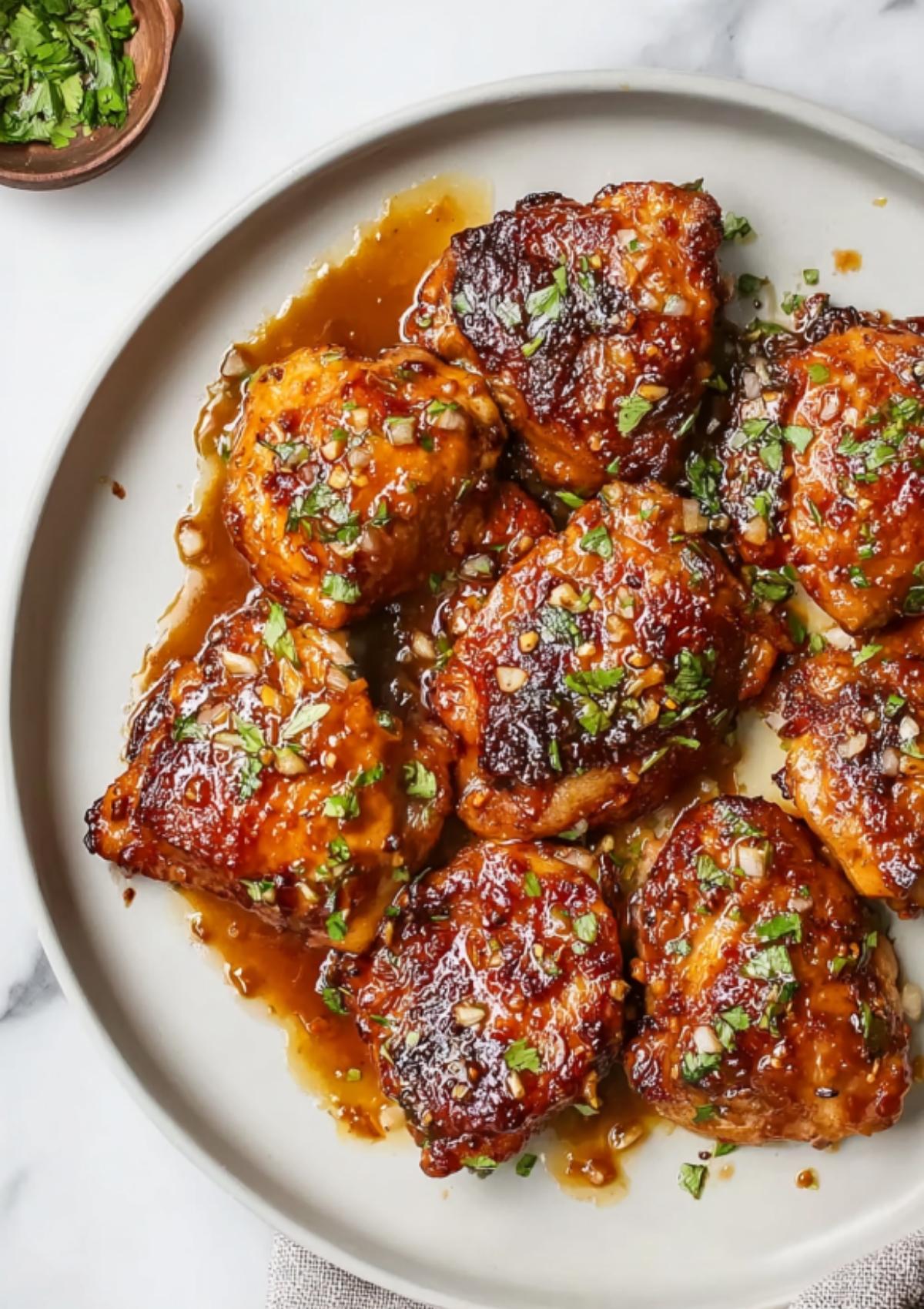 Bowls of chicken thighs, chopped onions, soy sauce, honey, garlic, oil, and spices arranged on a marble counter.
