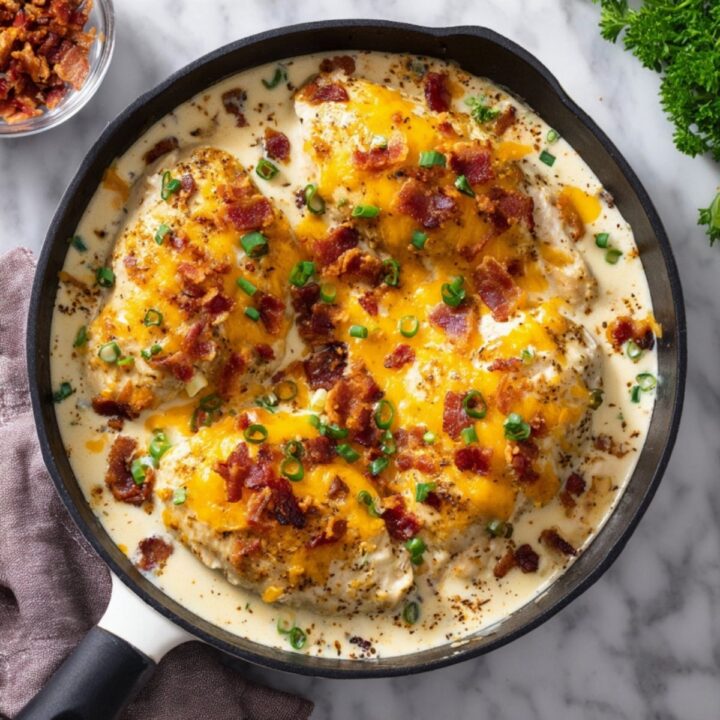 Skillet filled with bacon ranch chicken bake topped with melted cheddar, crispy bacon, and green onions, ideal for creamy chicken dinners and easy comfort food.