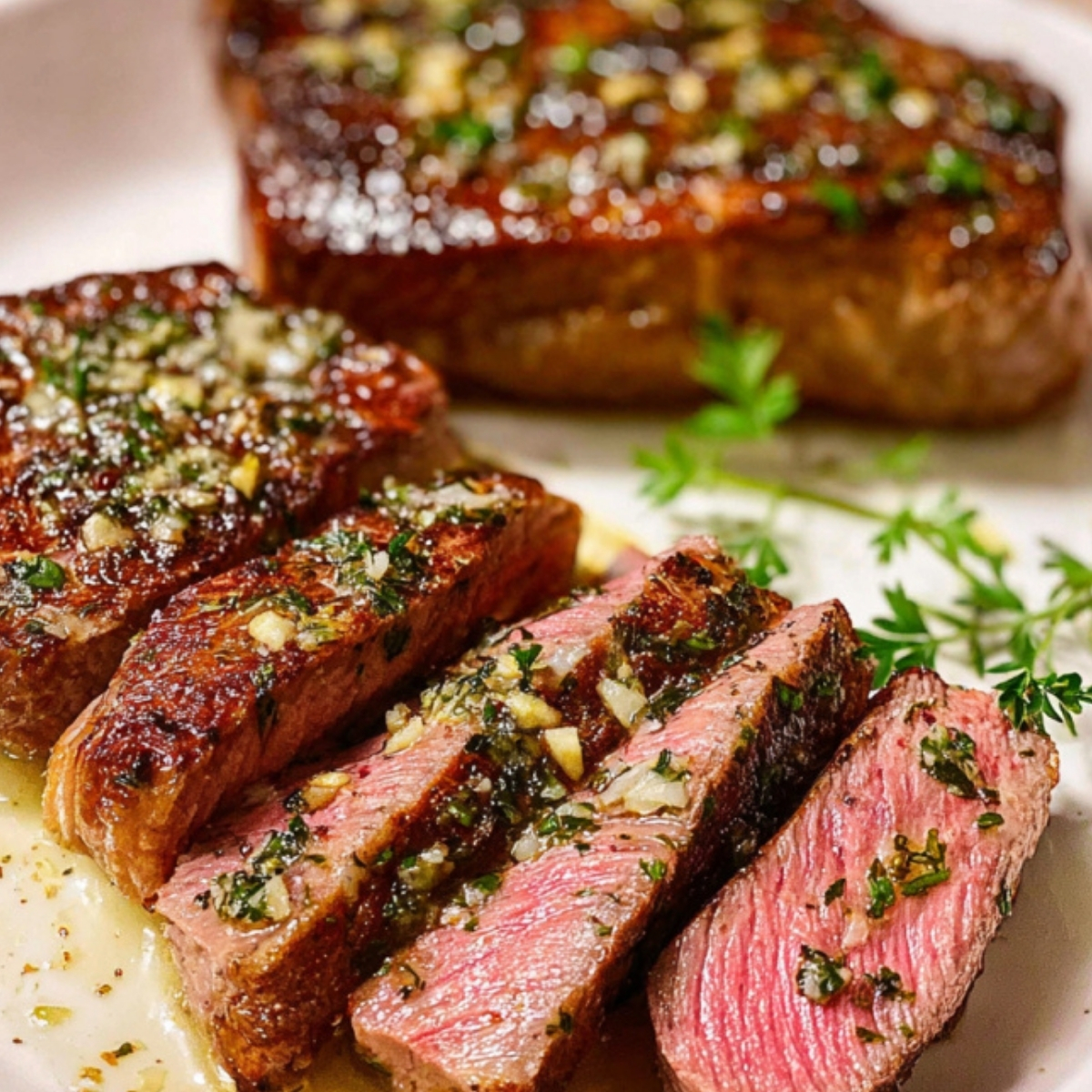Juicy sliced sirloin steak topped with garlic and herbs on a plate. Easy pan seared steak recipe for weeknight dinners and steak lovers.