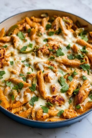 Large blue Dutch oven filled with creamy chicken fajita pasta, topped with melted cheese and fresh cilantro. Perfect for easy weeknight dinners and Tex-Mex pasta recipes.