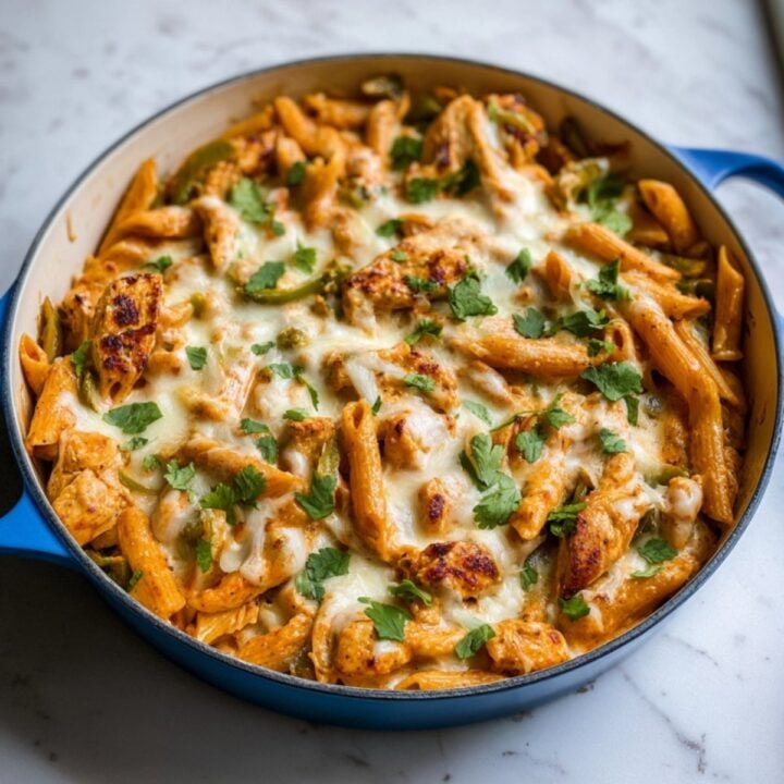 Large blue Dutch oven filled with creamy chicken fajita pasta, topped with melted cheese and fresh cilantro. Perfect for easy weeknight dinners and Tex-Mex pasta recipes.