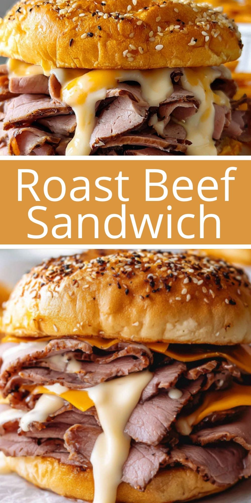 Thick roast beef sandwich piled high with tender sliced beef and creamy cheese sauce on a sesame seed bun