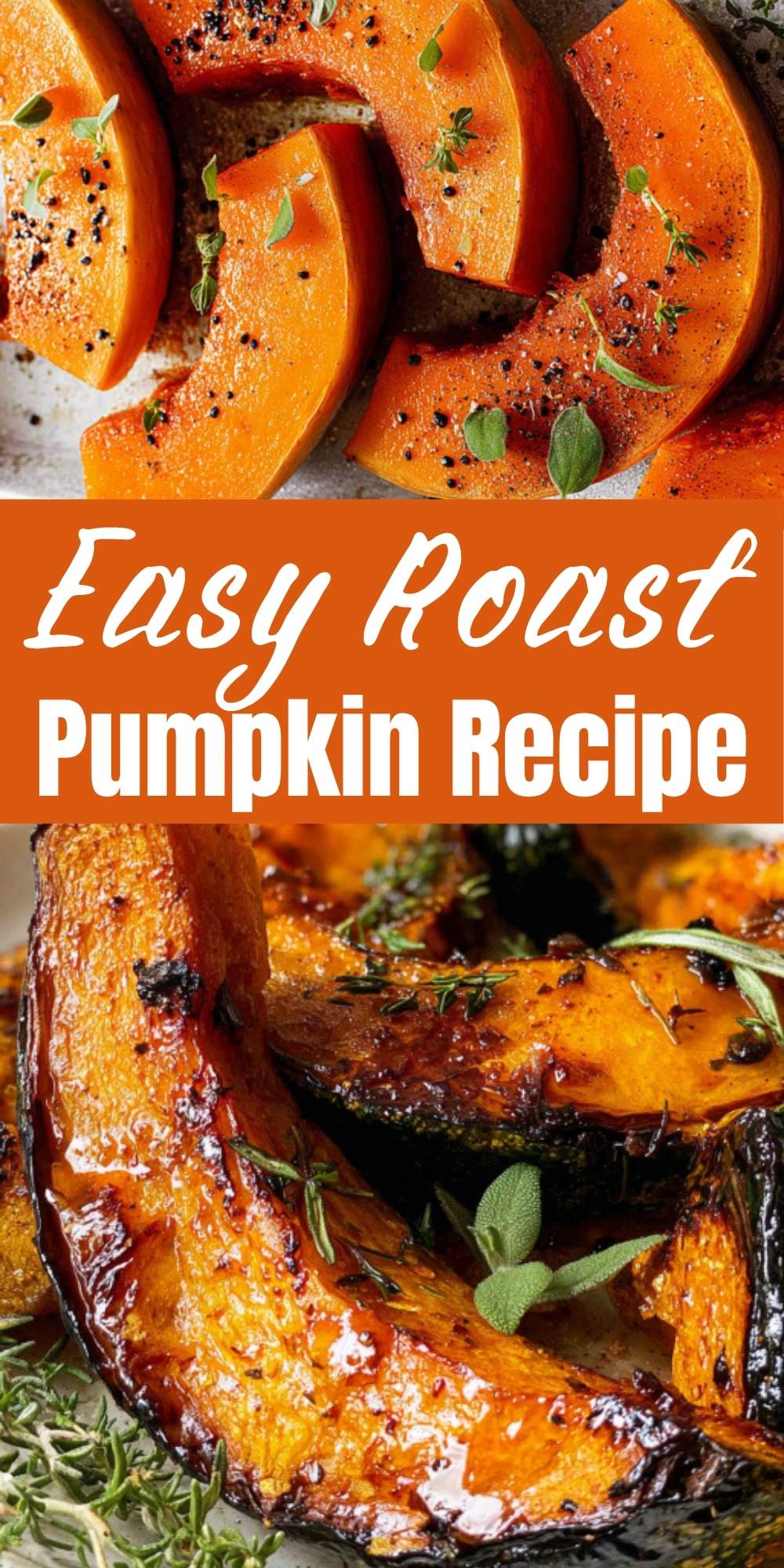 Close-up of caramelized roast pumpkin wedges, seasoned with herbs and black pepper, arranged on a plate for an easy fall side dish.