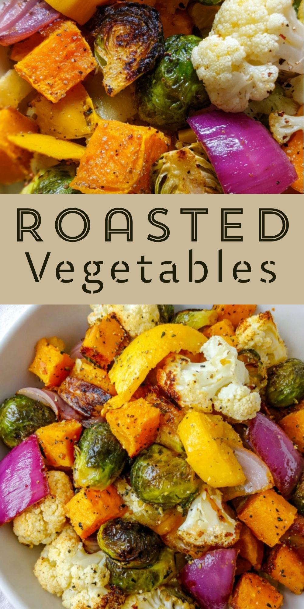 Close-up of golden roasted vegetables, including brussels sprouts, cauliflower, butternut squash, red onion, and yellow bell pepper, served in a white bowl.