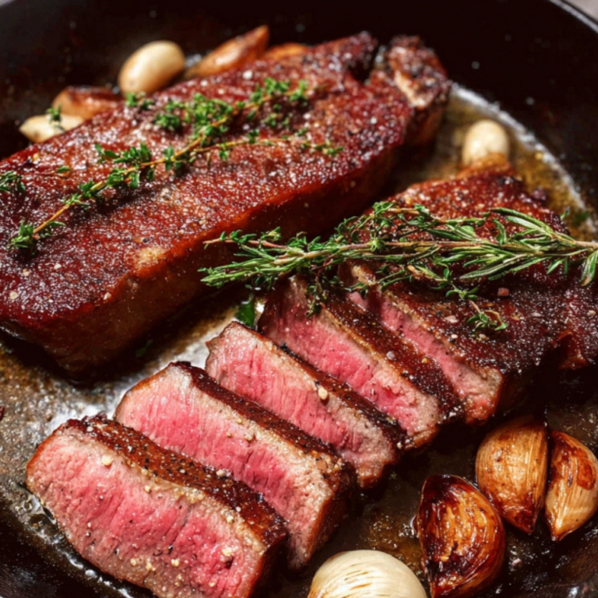Seared steak sliced medium rare in a cast iron pan with thyme, rosemary, and roasted garlic. Perfect for easy steak recipes and at home steak dinners.