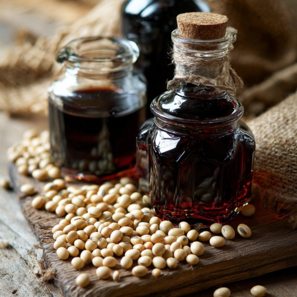 Glass bottles of homemade soy sauce surrounded by dried soybeans, showing the deep color and rustic style of the finished condiment.