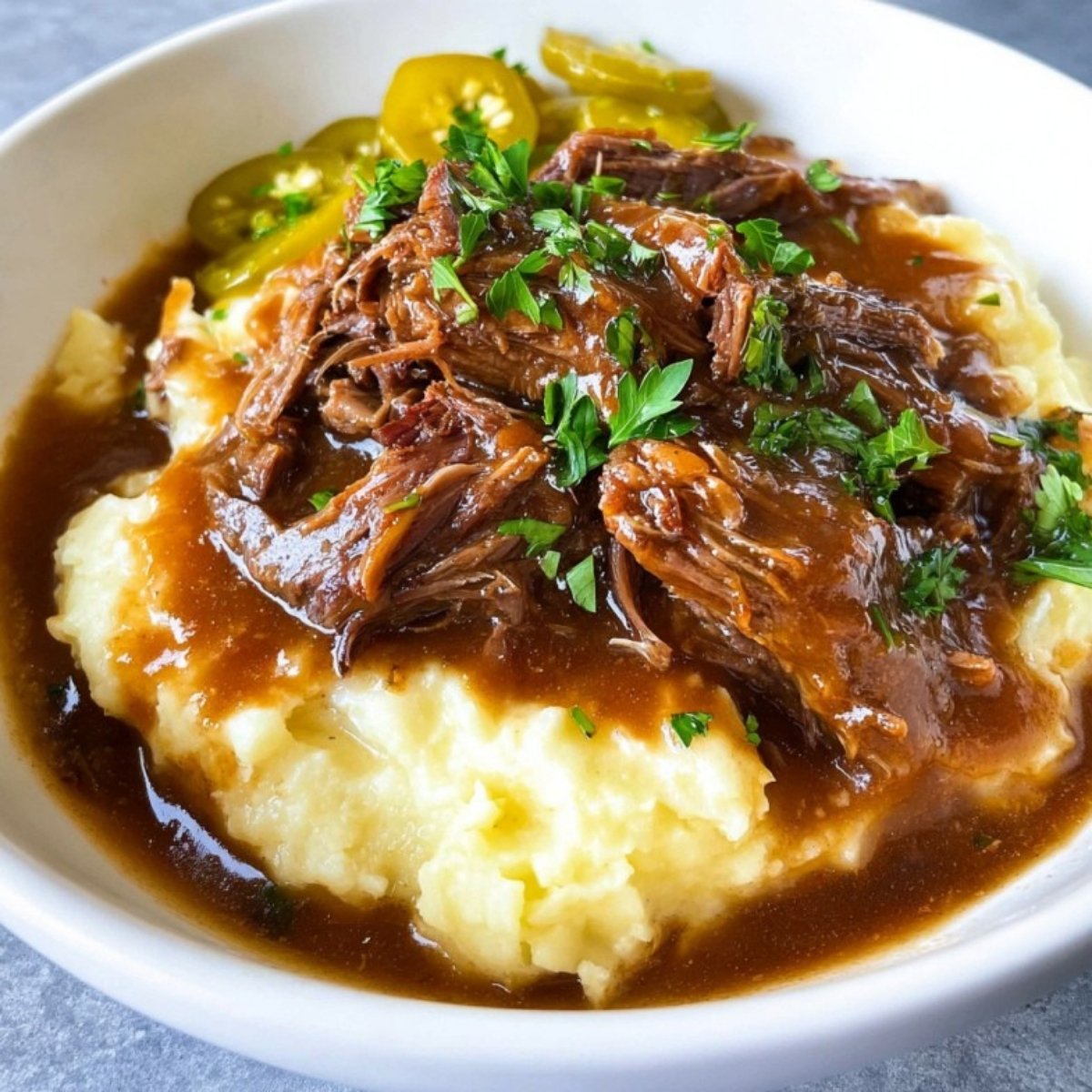 Tender Mississippi pot roast with savory brown gravy served on creamy mashed potatoes, topped with fresh parsley and pepperoncini slices.