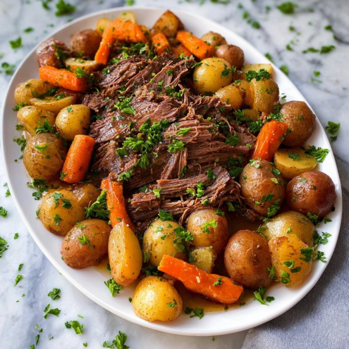 Slow-cooked beef pot roast surrounded by carrots and baby potatoes, plated on a marble countertop.