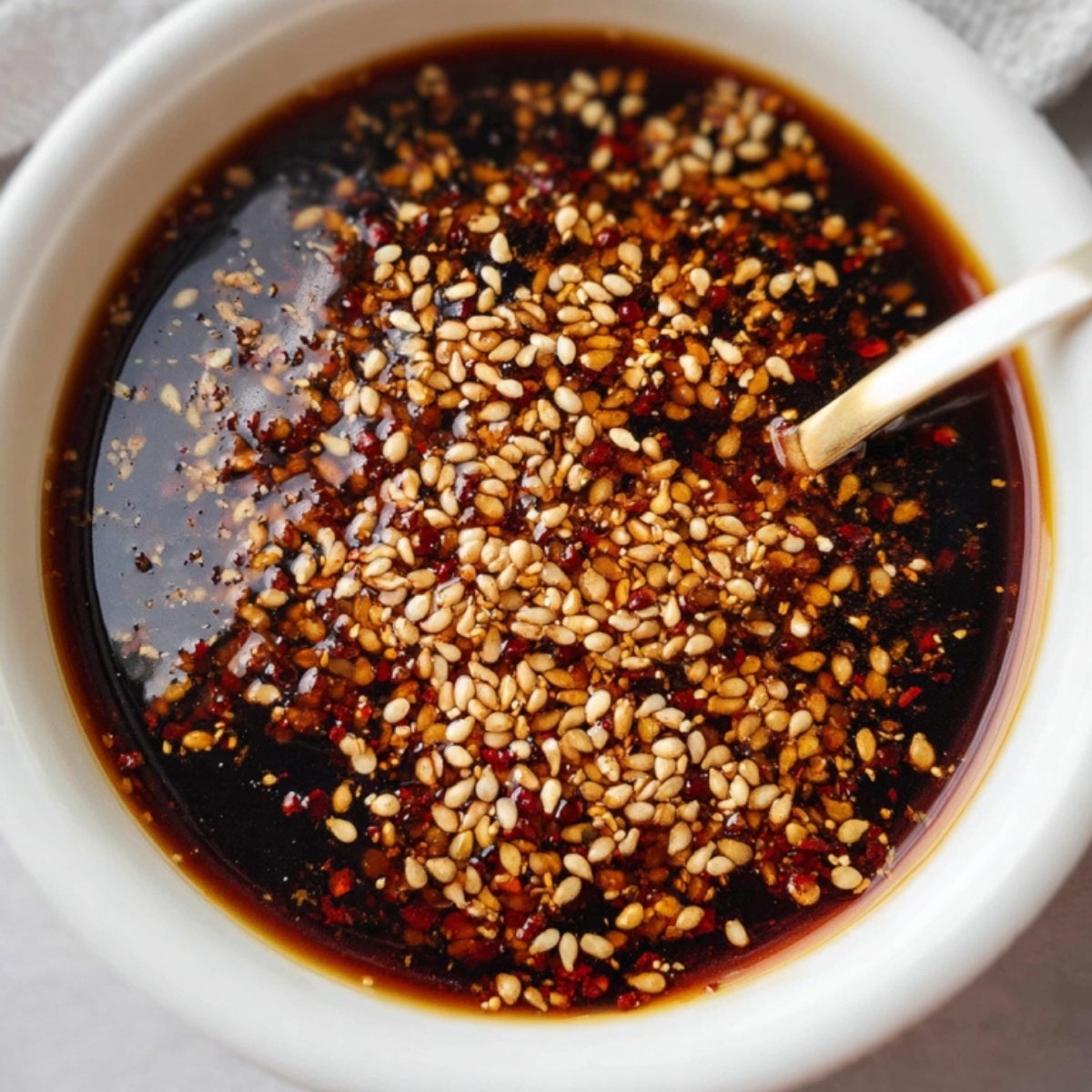 Overhead shot of sesame garlic sauce topped with toasted sesame seeds, served in a small bowl.