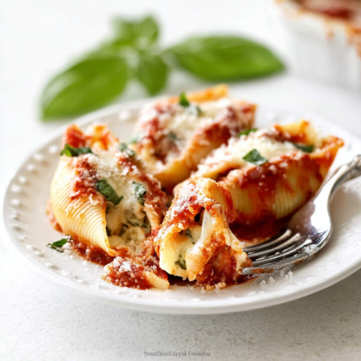 Serving plate with cheesy chicken and spinach stuffed shells, topped with extra Parmesan, basil, and tomato sauce.