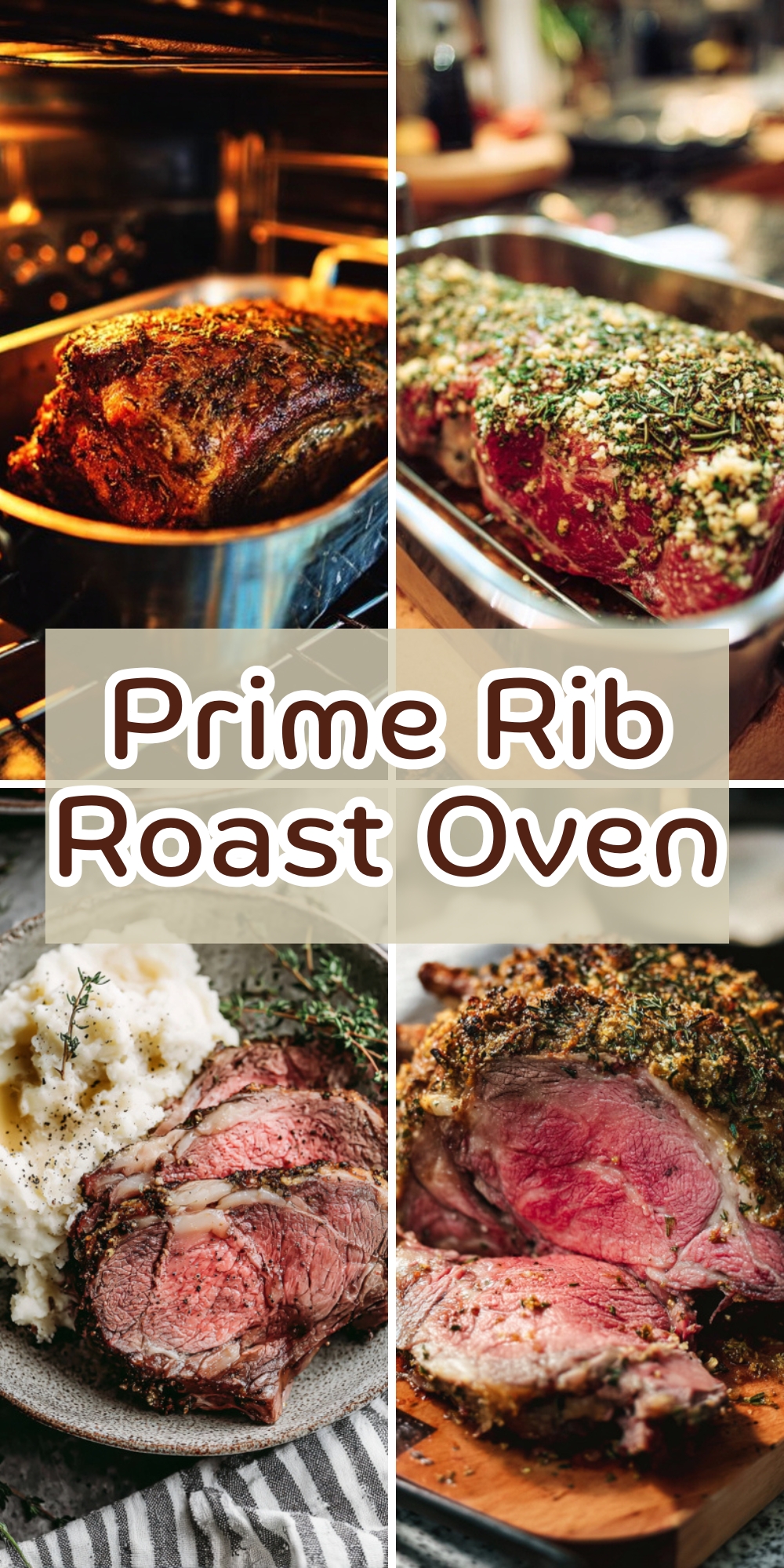 Step-by-step collage of prime rib roast oven recipe: seasoned roast, roasting in the oven, and juicy sliced beef with mashed potatoes, classic holiday dinner idea