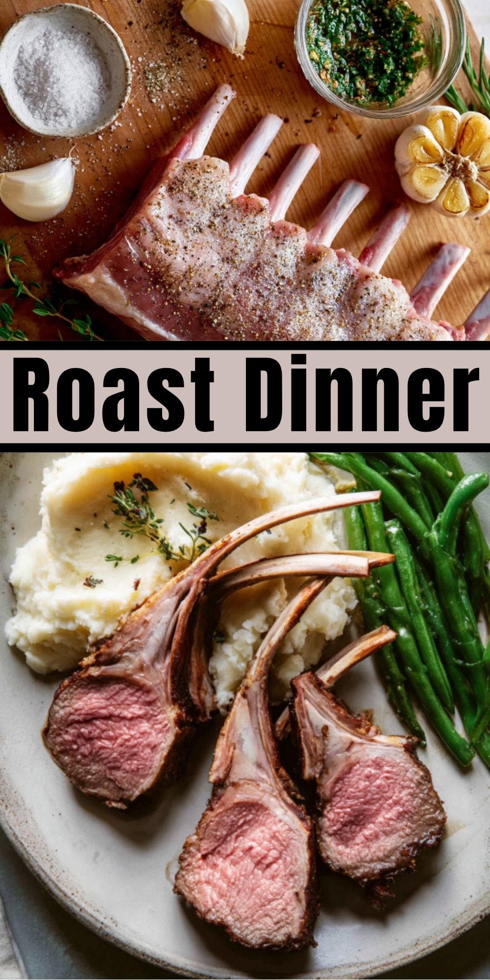 A rack of lamb prepared with garlic and herb paste, sea salt, and cracked pepper, and a finished plate with roasted lamb chops, mashed potatoes, and green beans.