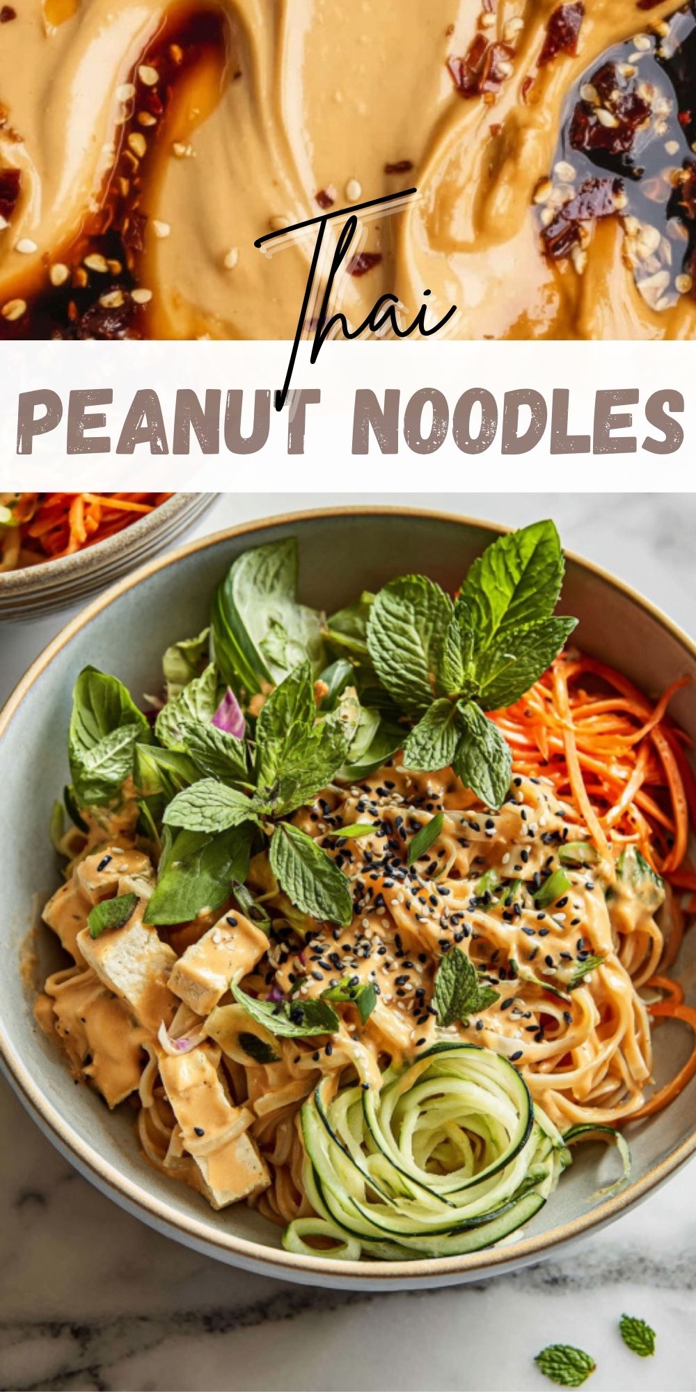 Overhead view of Thai peanut noodles in a bowl with tofu, carrots, cucumber, and fresh herbs.