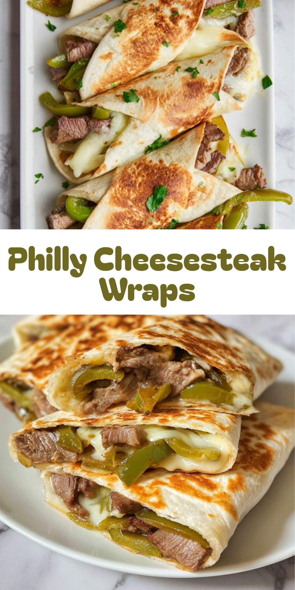 Vertical collage showing toasted Philly cheesesteak wraps stuffed with steak, peppers, and cheese, with close-up shots of the melted, cheesy filling.