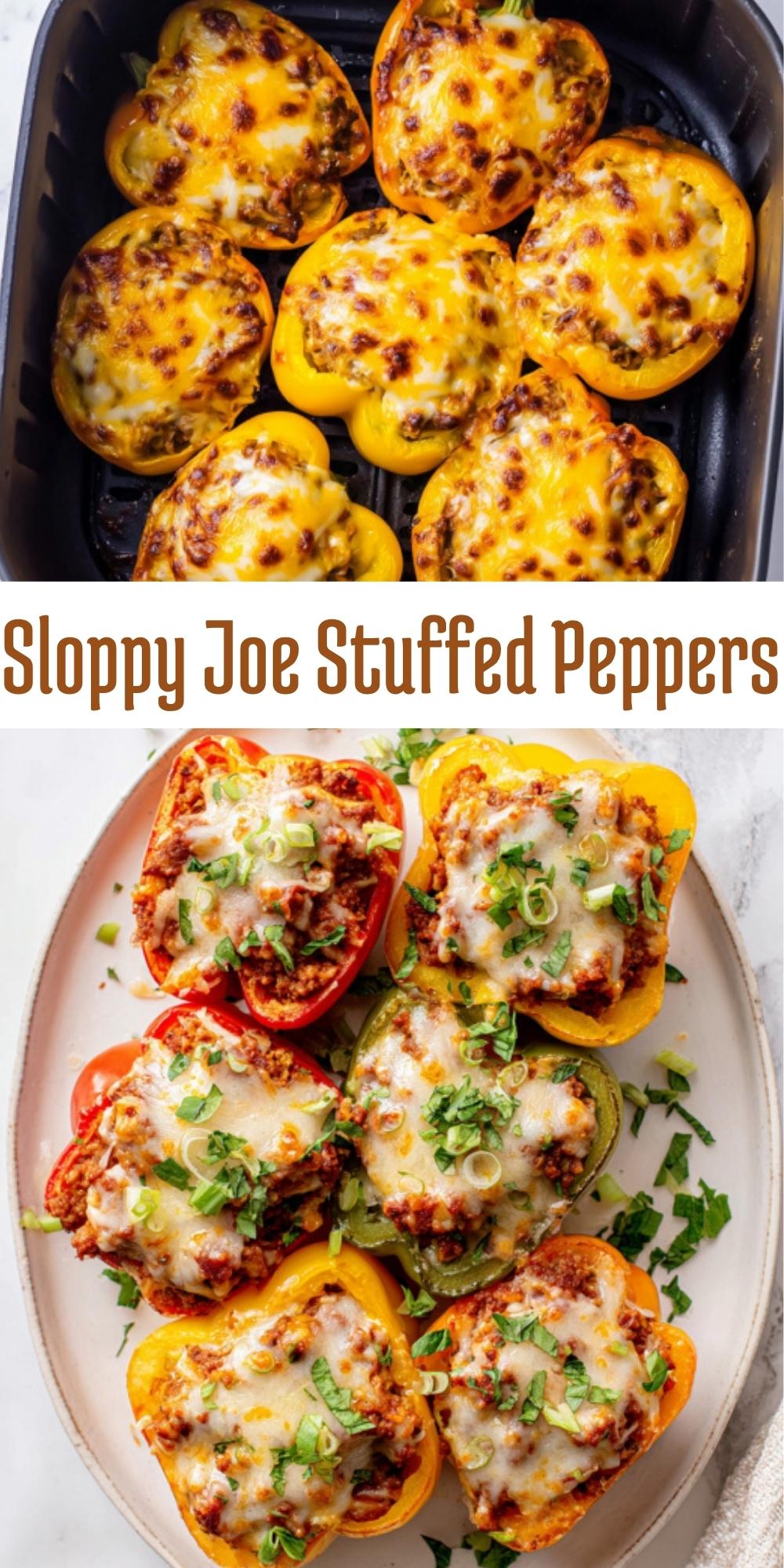 Air fryer Sloppy Joe Stuffed Peppers topped with melted cheddar, served on a plate with fresh herbs for a hearty, family-friendly dinner.