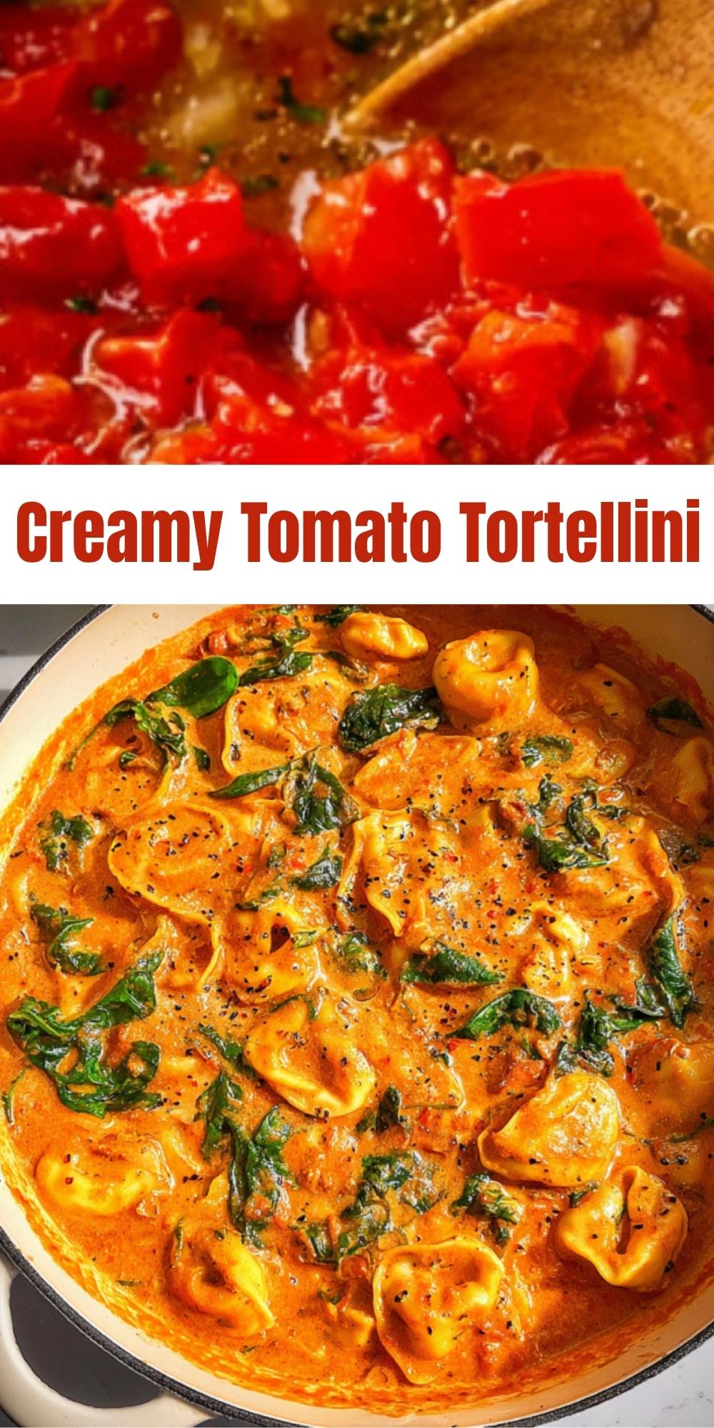 Collage showing the steps and finished creamy tomato tortellini soup, topped with the recipe title.