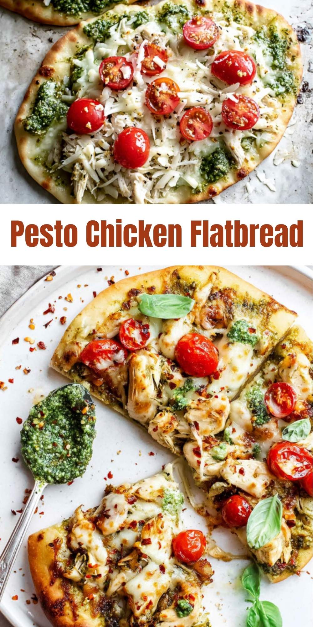Collage showing pesto chicken flatbread before baking and the finished cheesy flatbread on a white plate.