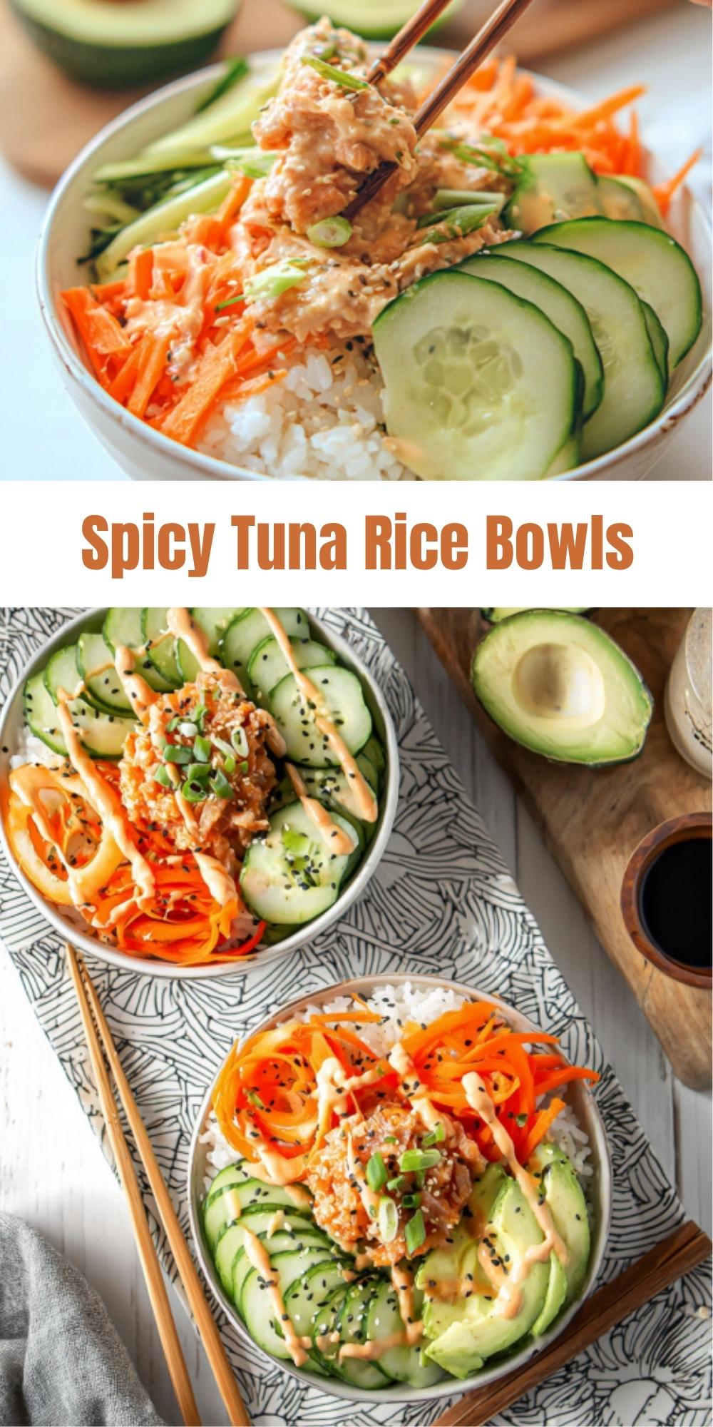 Collage of spicy tuna rice bowls with rice, tuna, cucumber, carrots, and spicy mayo sauce. Perfect healthy sushi bowl idea.