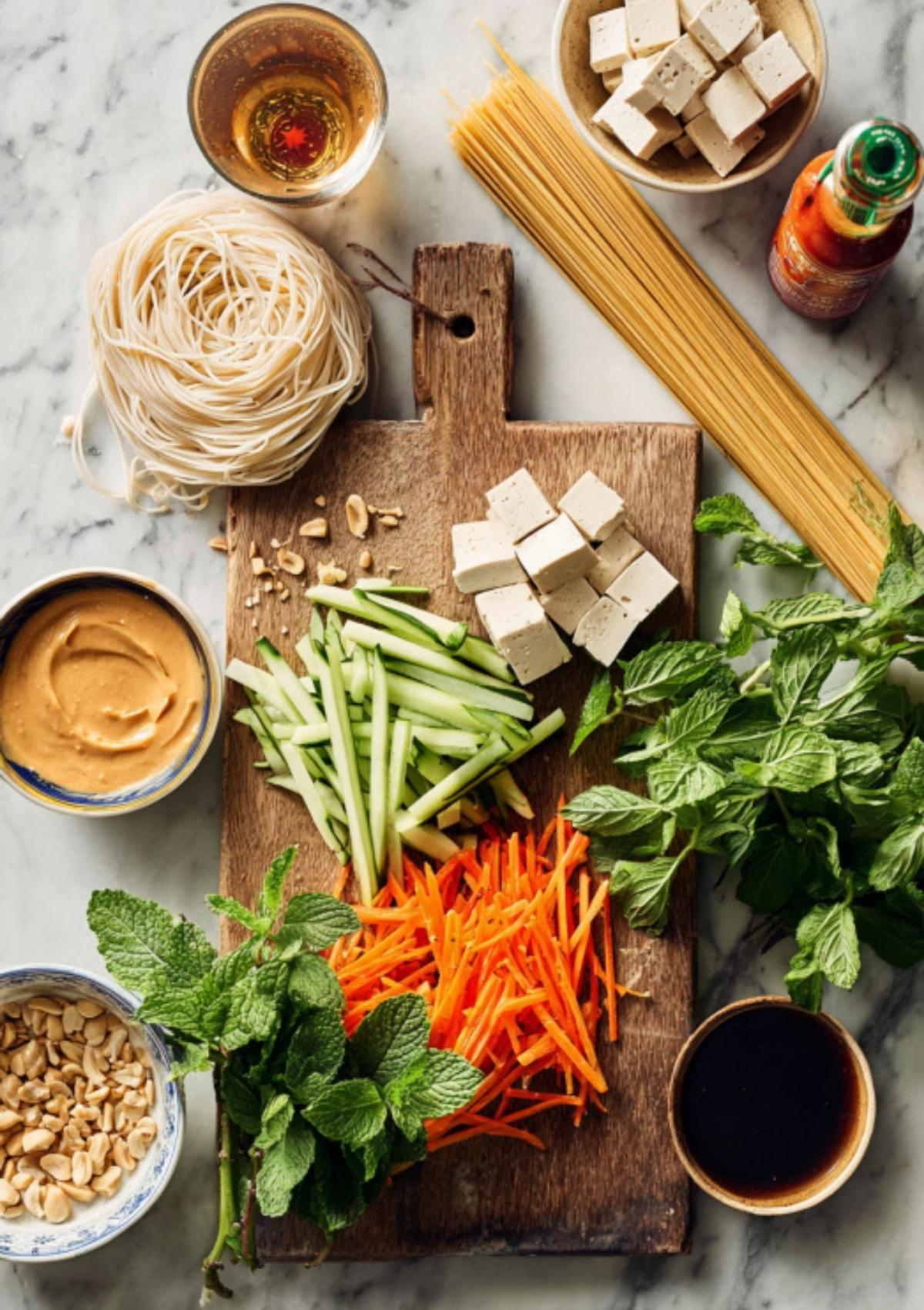 Fresh noodle ingredients on a wooden board including tofu, carrots, cucumbers, mint, and peanut sauce.