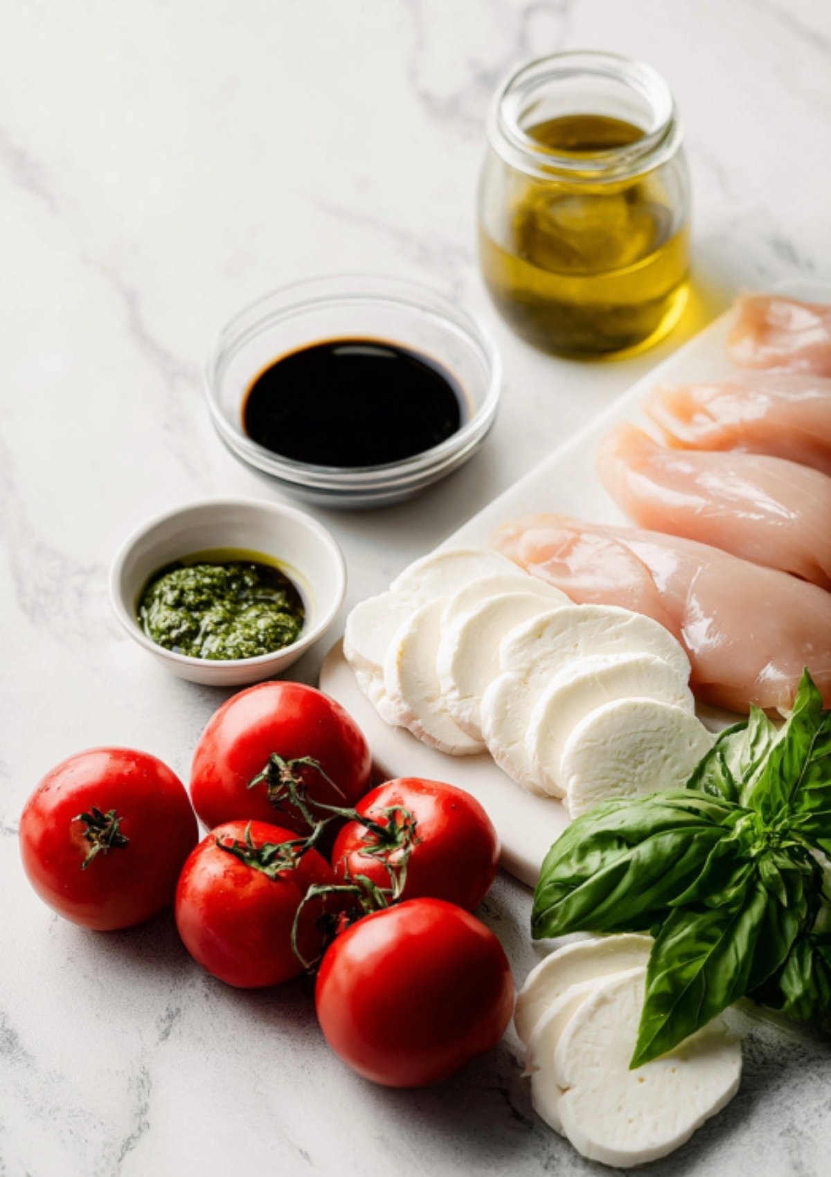 Raw chicken breasts, vine tomatoes, sliced mozzarella, basil, olive oil, pesto, and balsamic glaze arranged on a countertop.