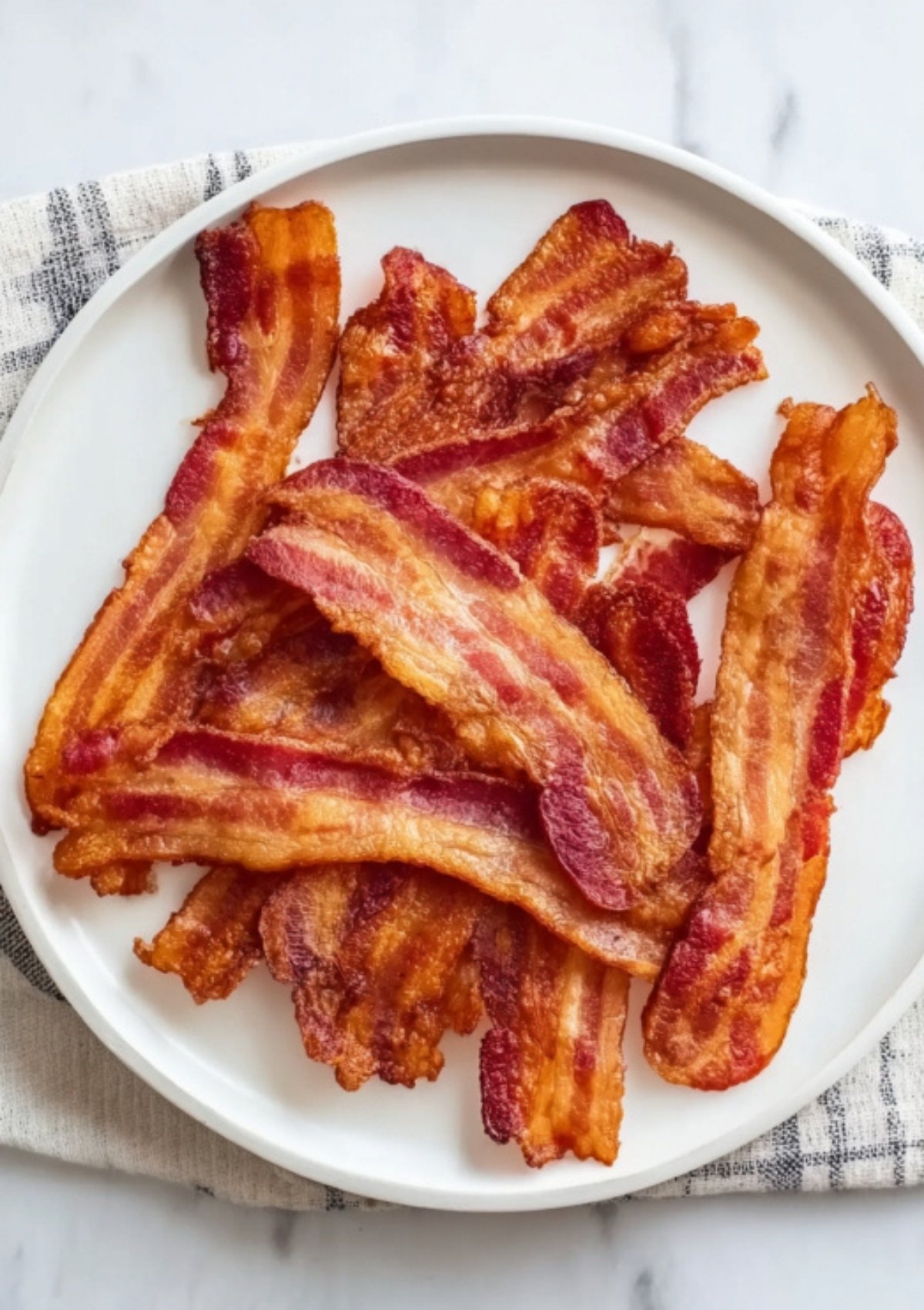 Golden, crispy bacon strips ready for layering in creamy bacon ranch chicken casserole and keto chicken dinner ideas.