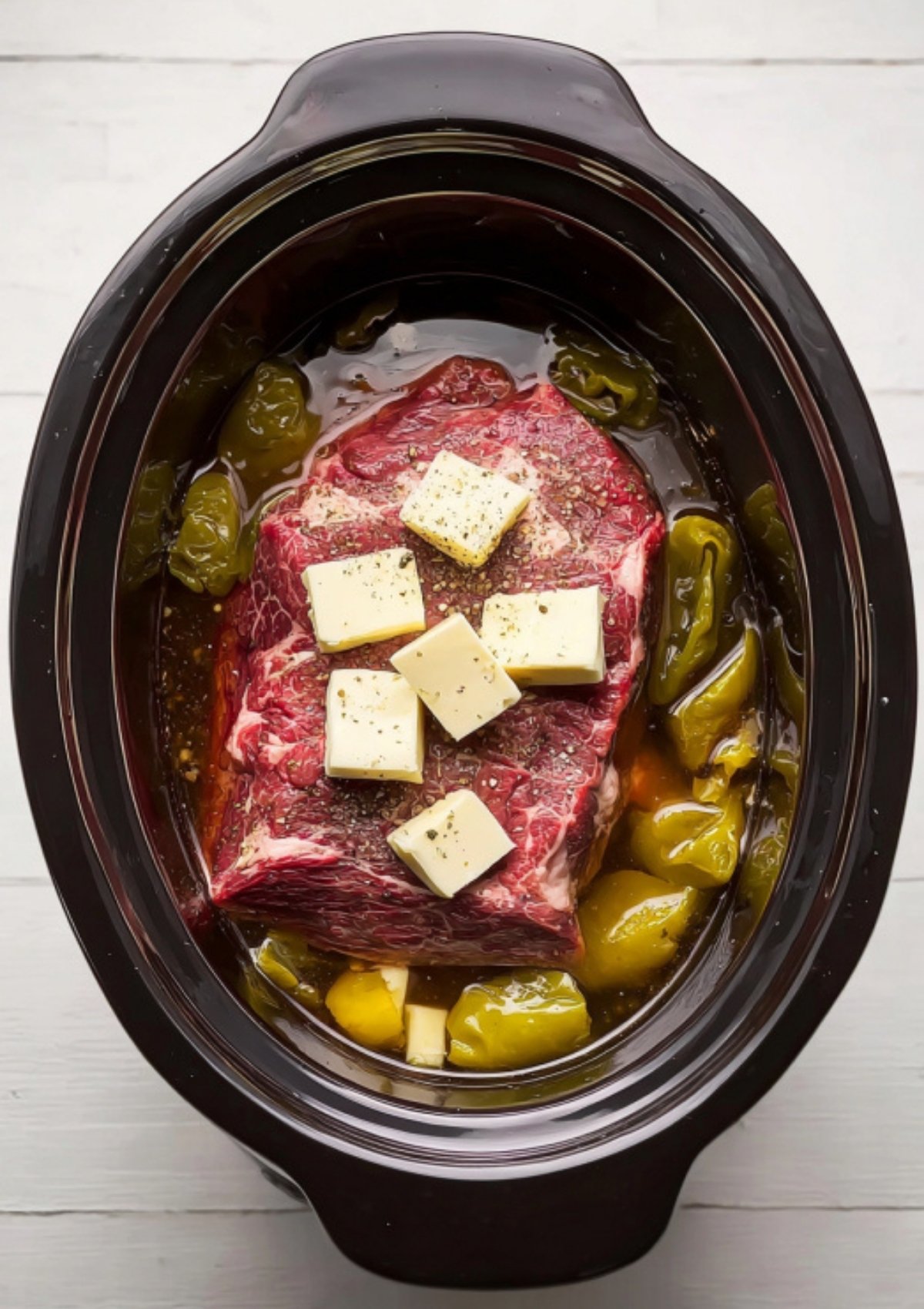 Raw chuck roast topped with butter and surrounded by pepperoncini peppers in a slow cooker, ready to become Mississippi pot roast.