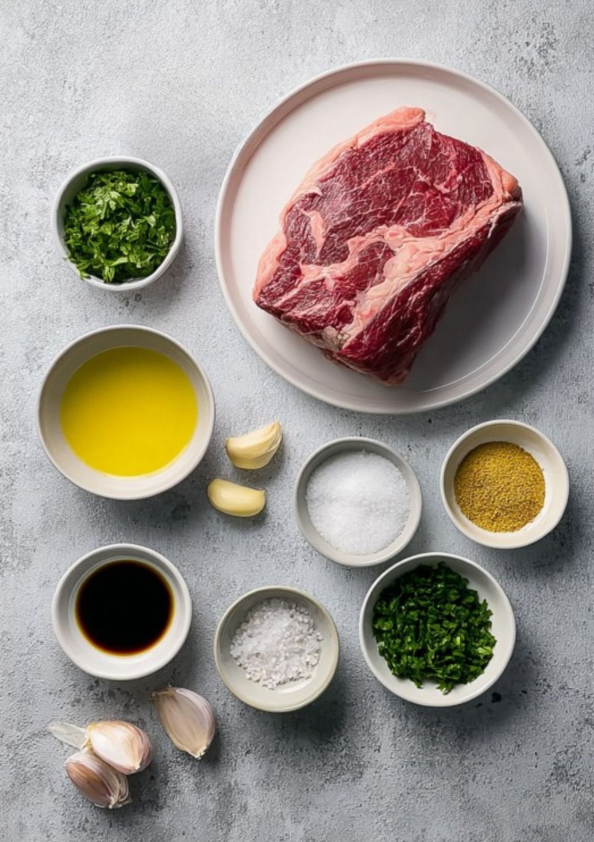 Raw chuck roast on a white plate with olive oil, fresh herbs, garlic, balsamic vinegar, salt, and seasonings—perfect for an easy beef roast recipe.