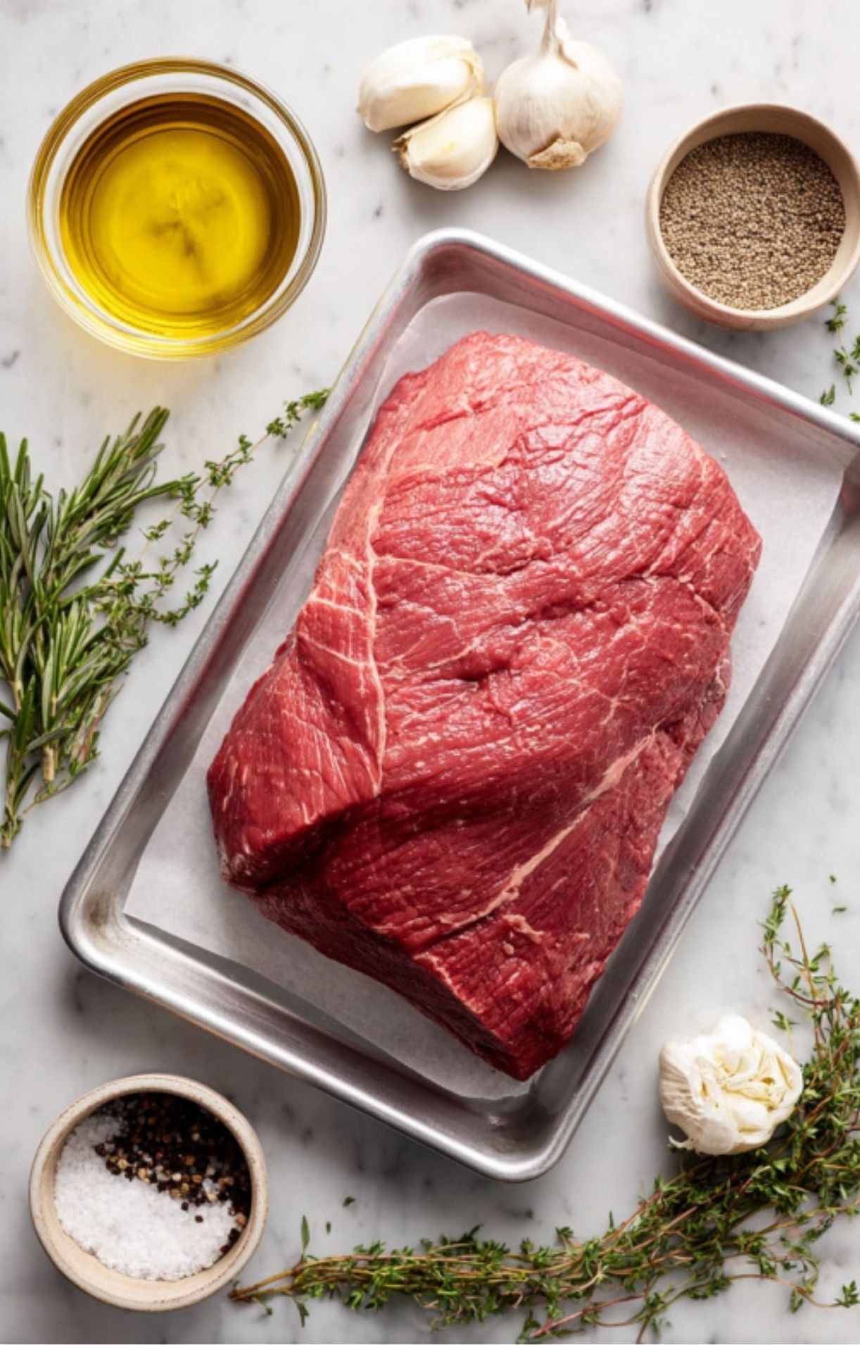 Uncooked beef roast with garlic, rosemary, thyme, olive oil, salt, and pepper—easy prep for classic holiday roast beef.