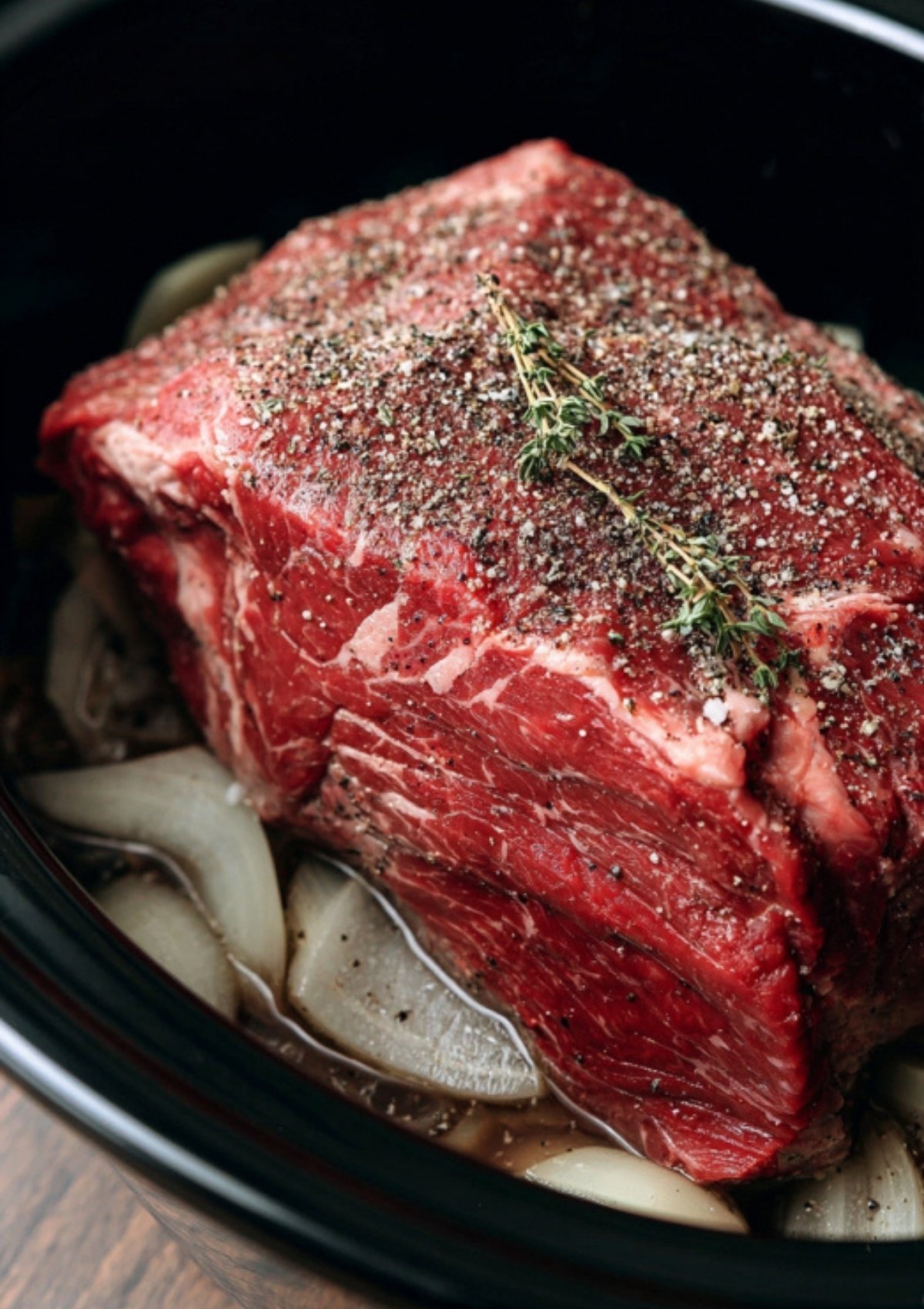 Raw beef roast seasoned with salt, pepper, and fresh thyme, layered on top of onions in a crock pot, prepped for the best roast beef crock pot dinner.