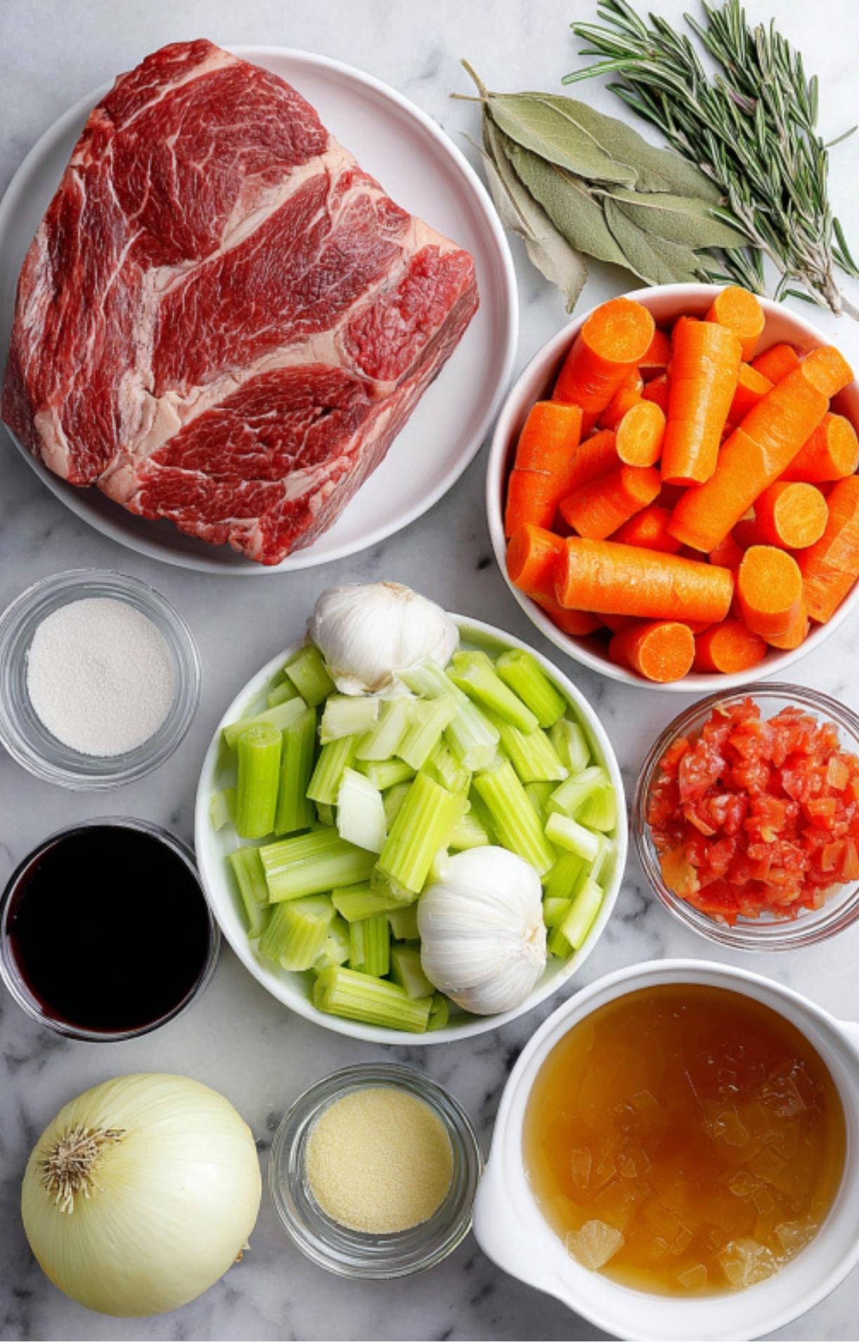 Fresh chuck roast, carrots, celery, onions, garlic, broth, tomatoes, and herbs—classic ingredients for homemade Pot Roast in the Oven.