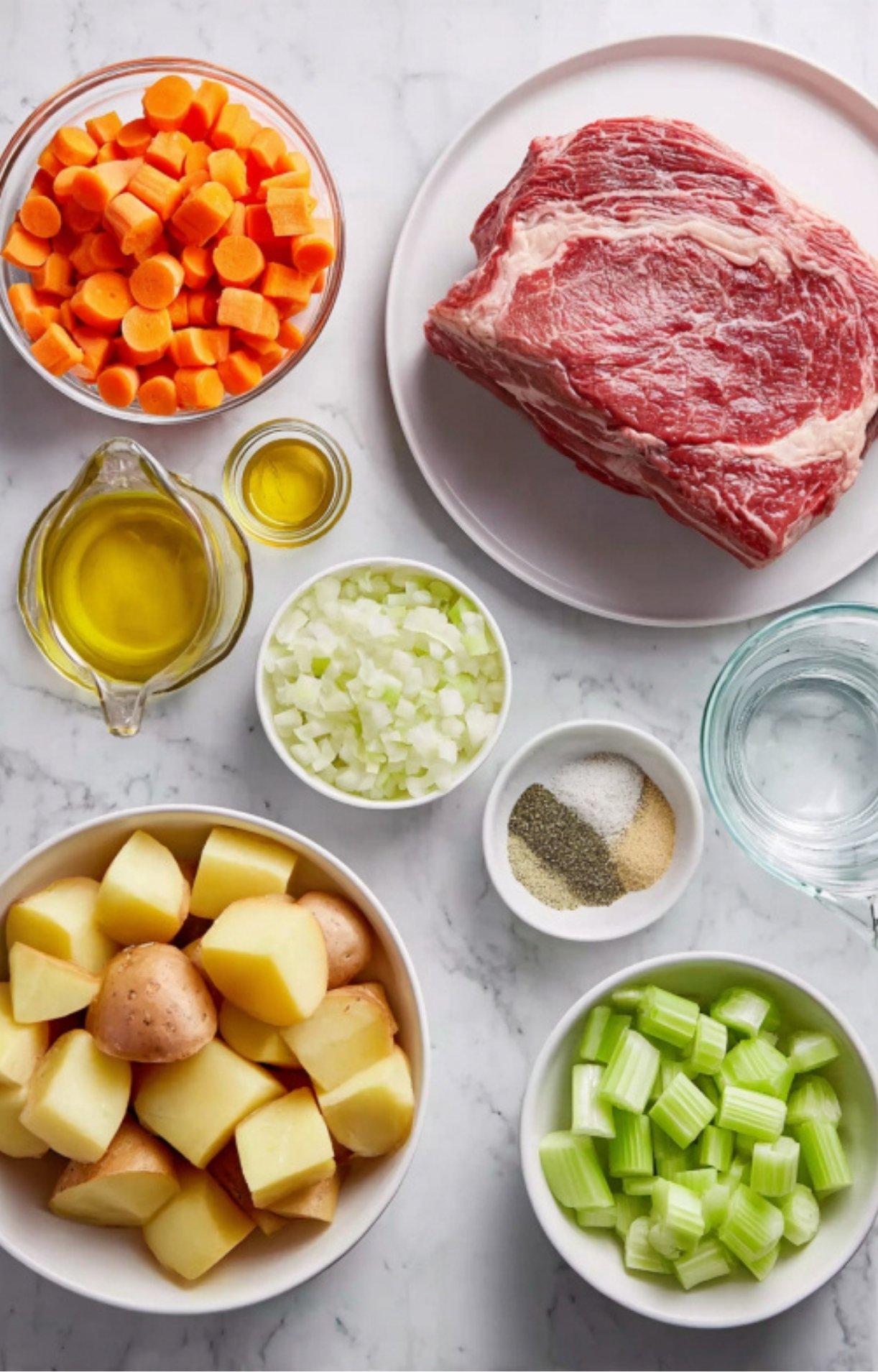 Bowls of chopped carrots, potatoes, celery, onion, and raw chuck roast—classic pot roast ingredients.
