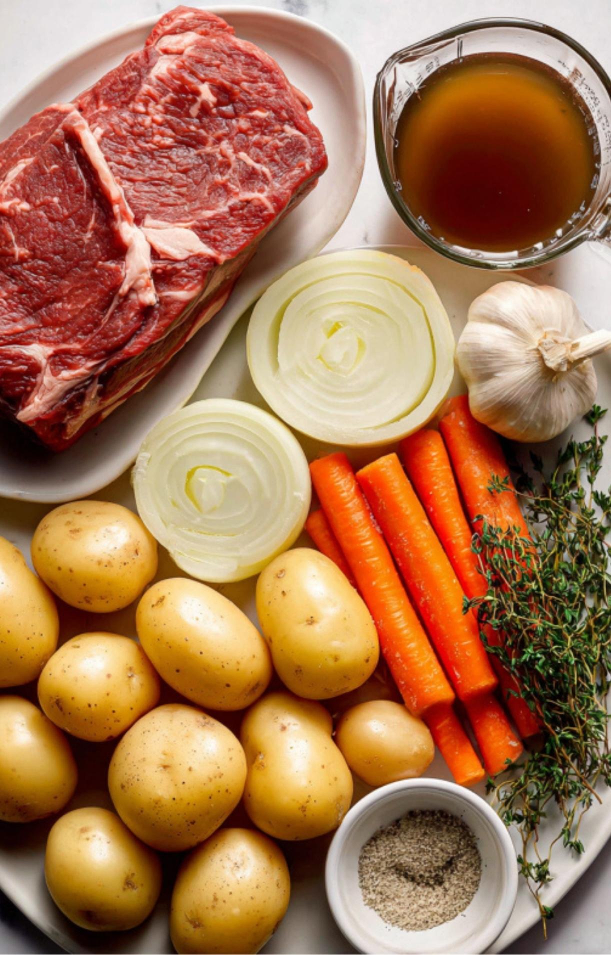 Raw beef chuck roast, baby potatoes, carrots, onions, garlic, fresh thyme, and broth laid out for making a classic crockpot roast.