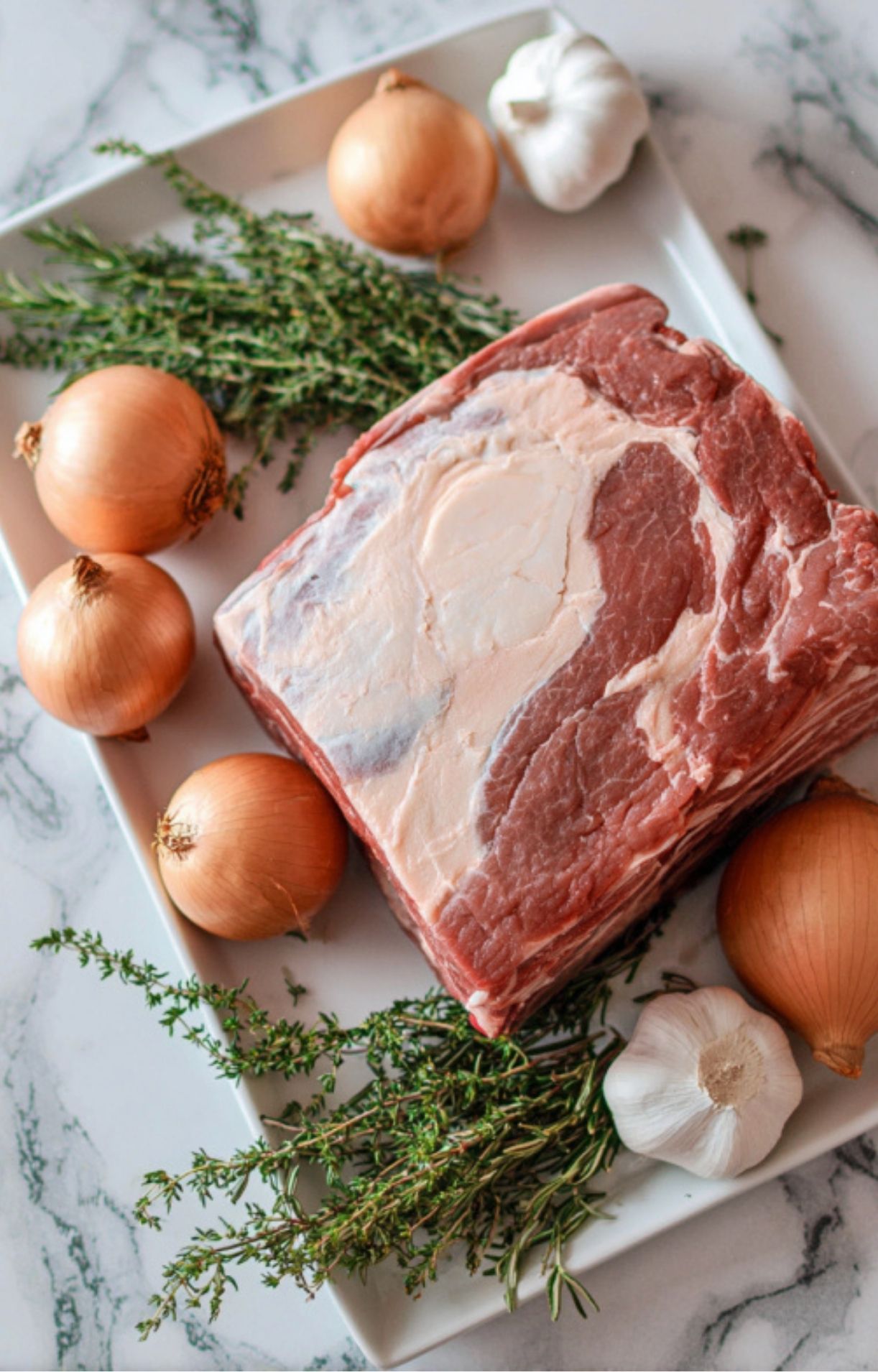 Raw bone-in prime rib roast on a platter with whole onions, garlic bulbs, and fresh thyme sprigs.