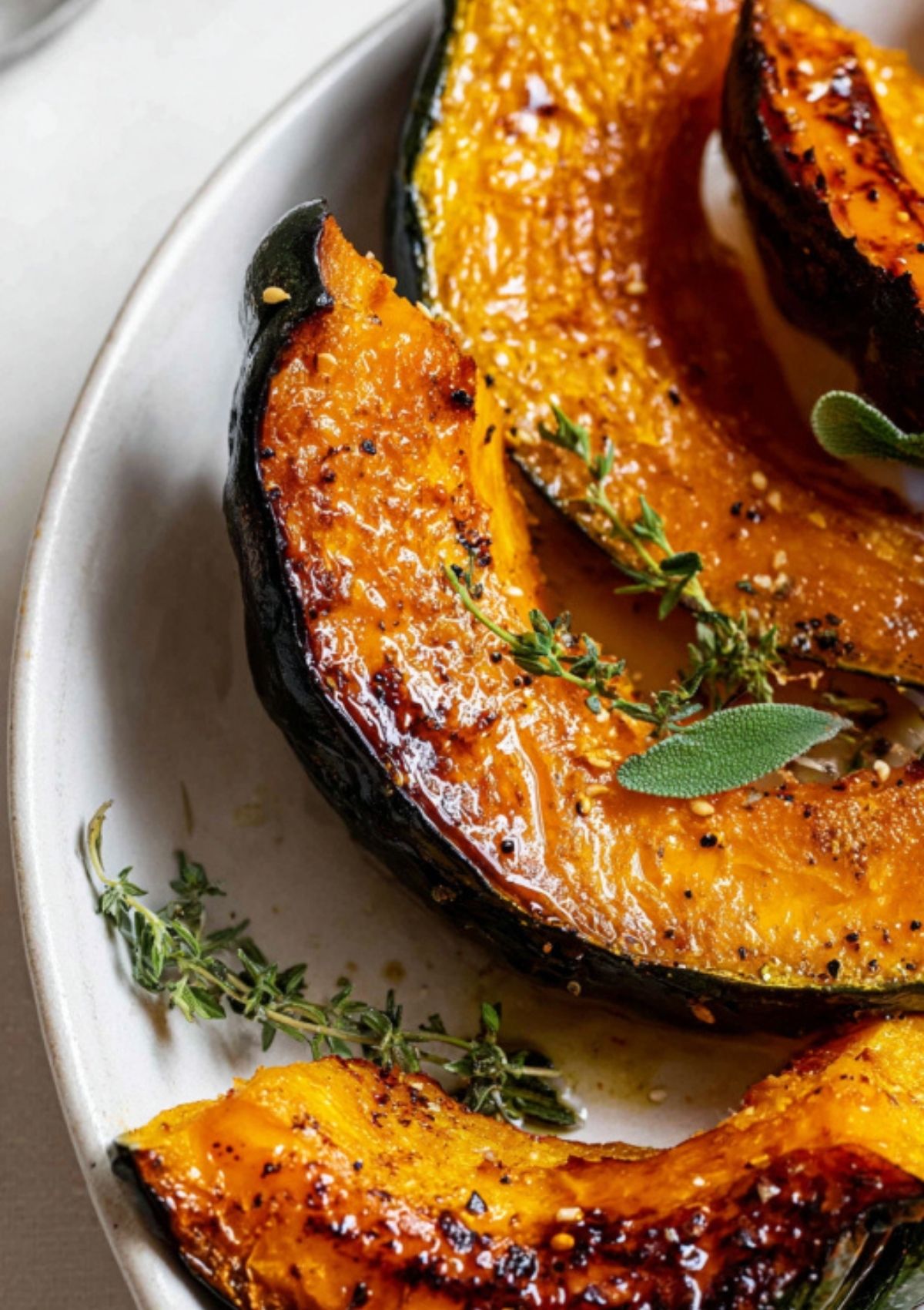 Close-up of roasted pumpkin wedges served on a plate, garnished with fresh sage and thyme for a rustic, flavorful presentation.