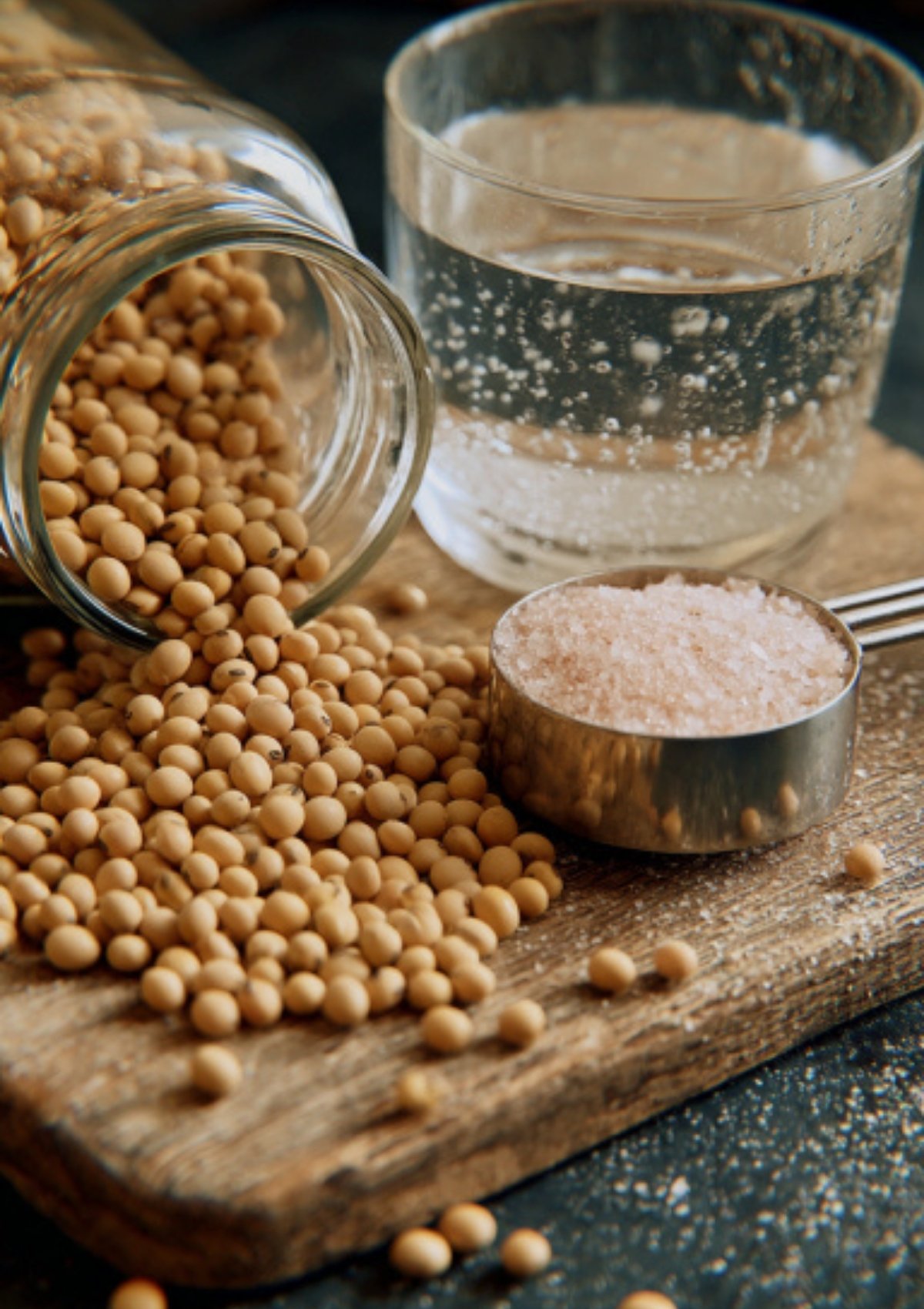 A glass of water, a scoop of pink salt, and scattered soybeans on a wooden board, the essential ingredients for making soy sauce from scratch.
